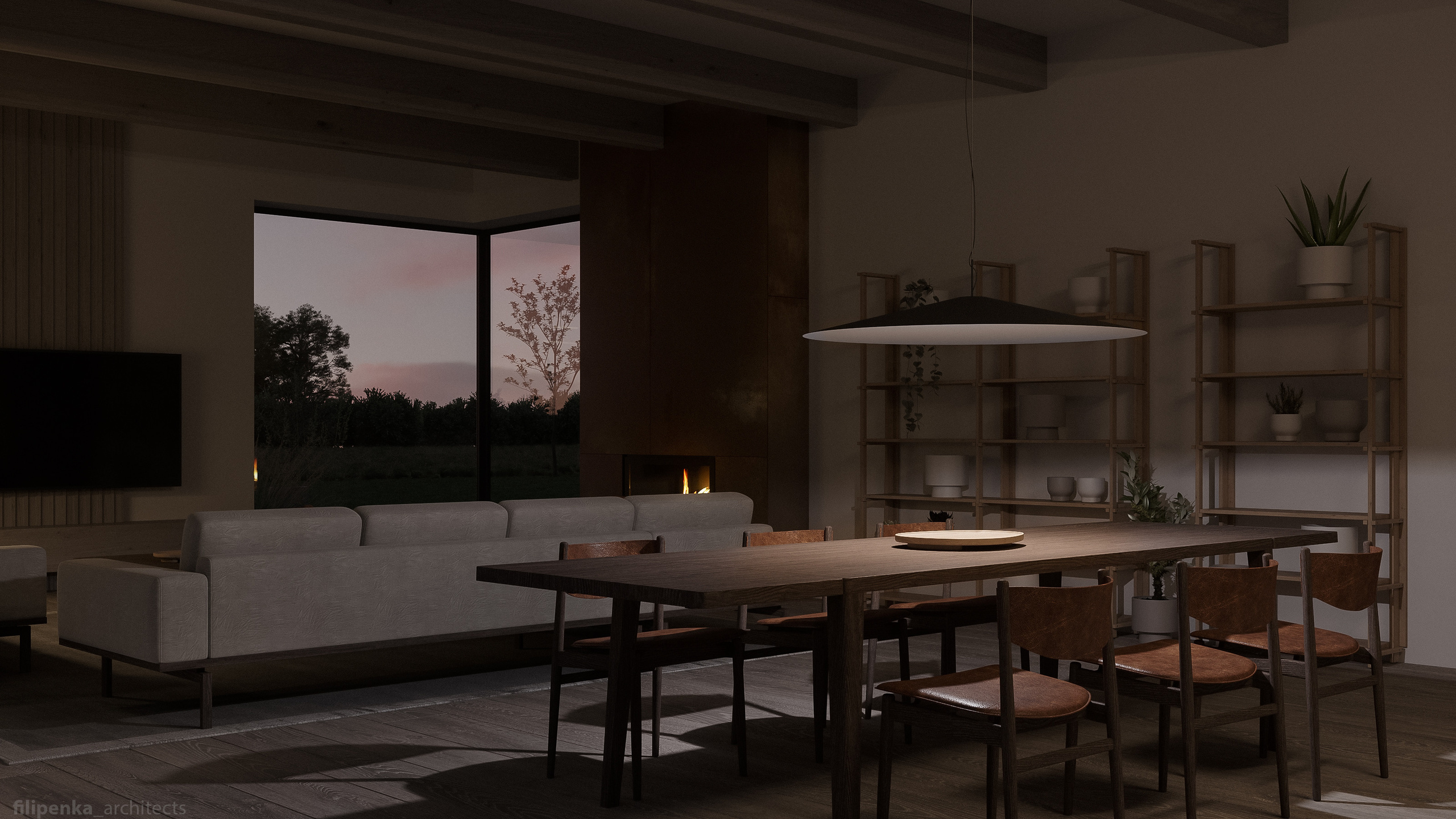 Obývací pokoj s jídelnou a kuchyní. Filipenka architects