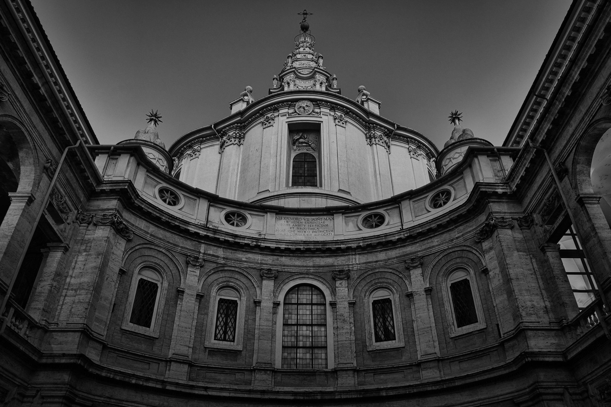 Rome, Italy – Chiesa di Sant'Ivo alla Sapienza by Francesco Borromini, Roman Baroque church with distinctive spiral lantern, photographed in black and white fine art photography. Rome, Italy – fine art photography by Eduardo Bartoli.