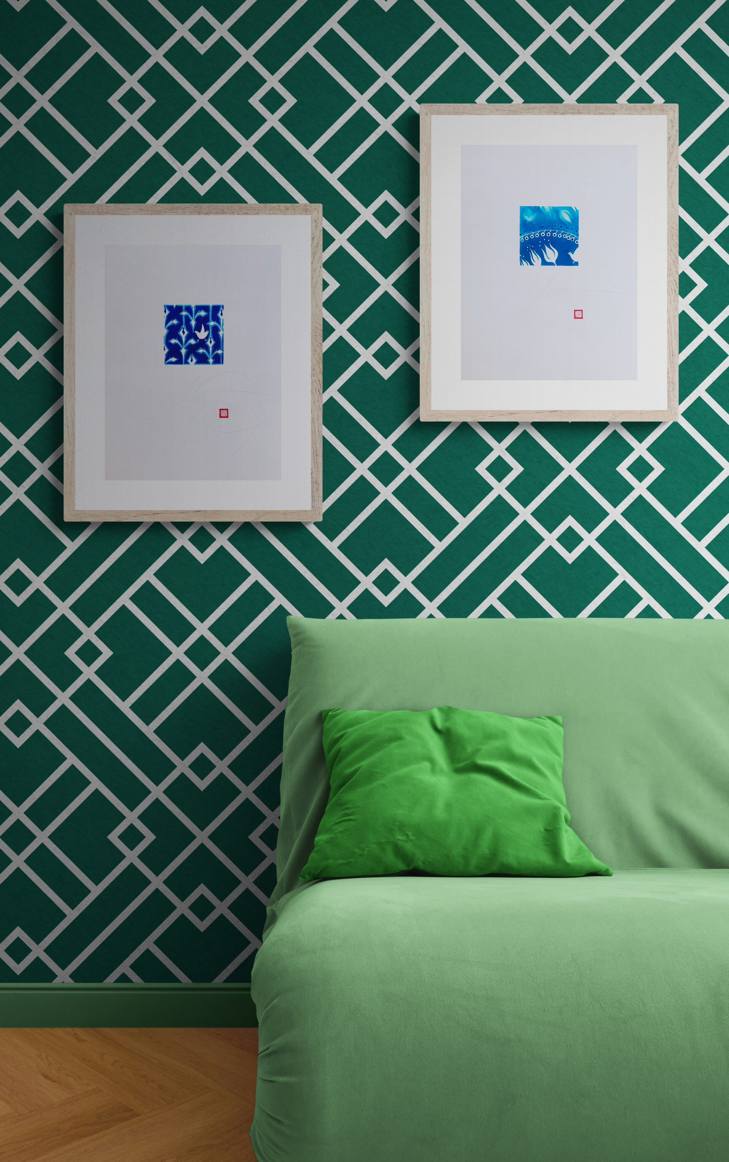 Decorative floral and bird pattern in blue and white, limited edition digital print inspired by hand-painted ceramic tiles and Nordic design. By Nadia Kuprina, artist.