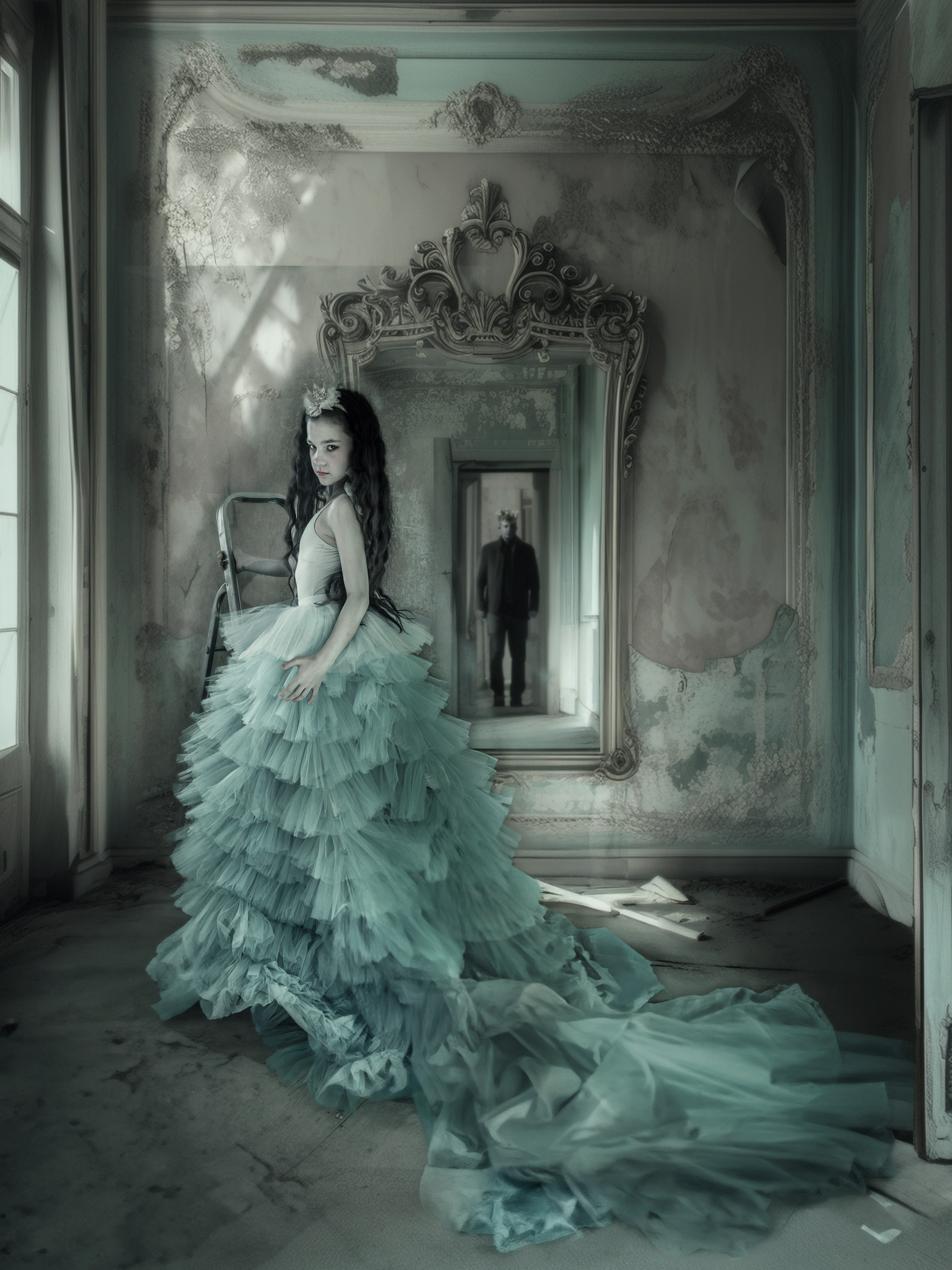 Fantasievolles Fashion-Portrait in Salzburg – Mädchen im blauen Kleid in verlassener Villa
