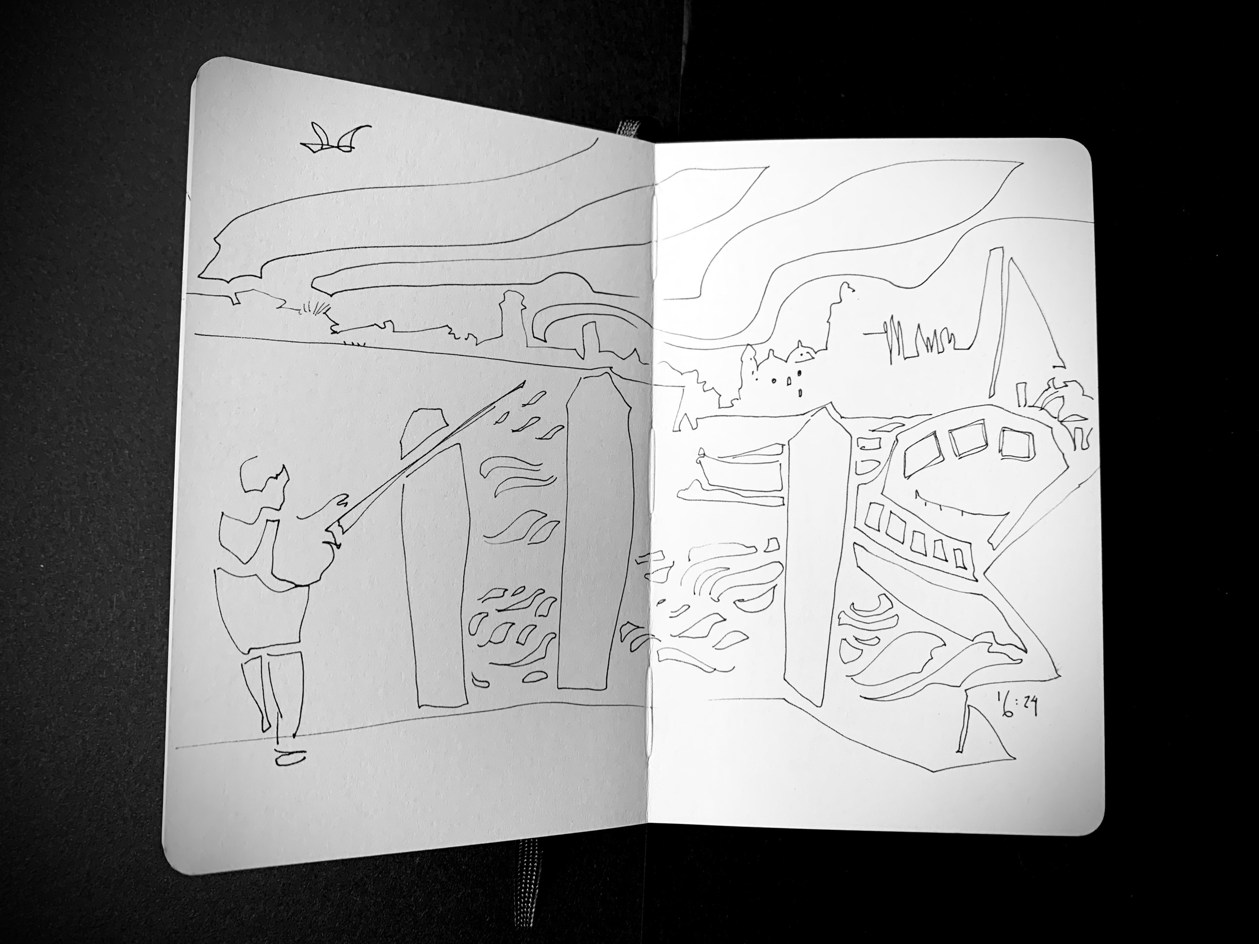 Moleskine notebook with original drawings made in Venice, research on paper for an editorial project by an artist who lives and works in Venice. A boy fishing in Venice, illustration.