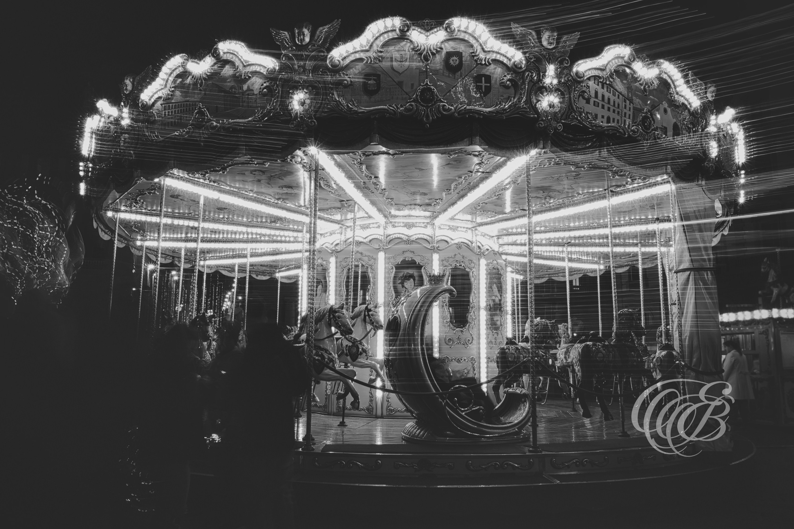Florence Italy - Antica Giostra Toscana - B&W Matte - Eduardo Bartoli Fine Art Photography - Black-and-white matte photograph of the Antica Giostra Toscana carousel in Florence, Italy – fine art photography by Eduardo Bartoli.