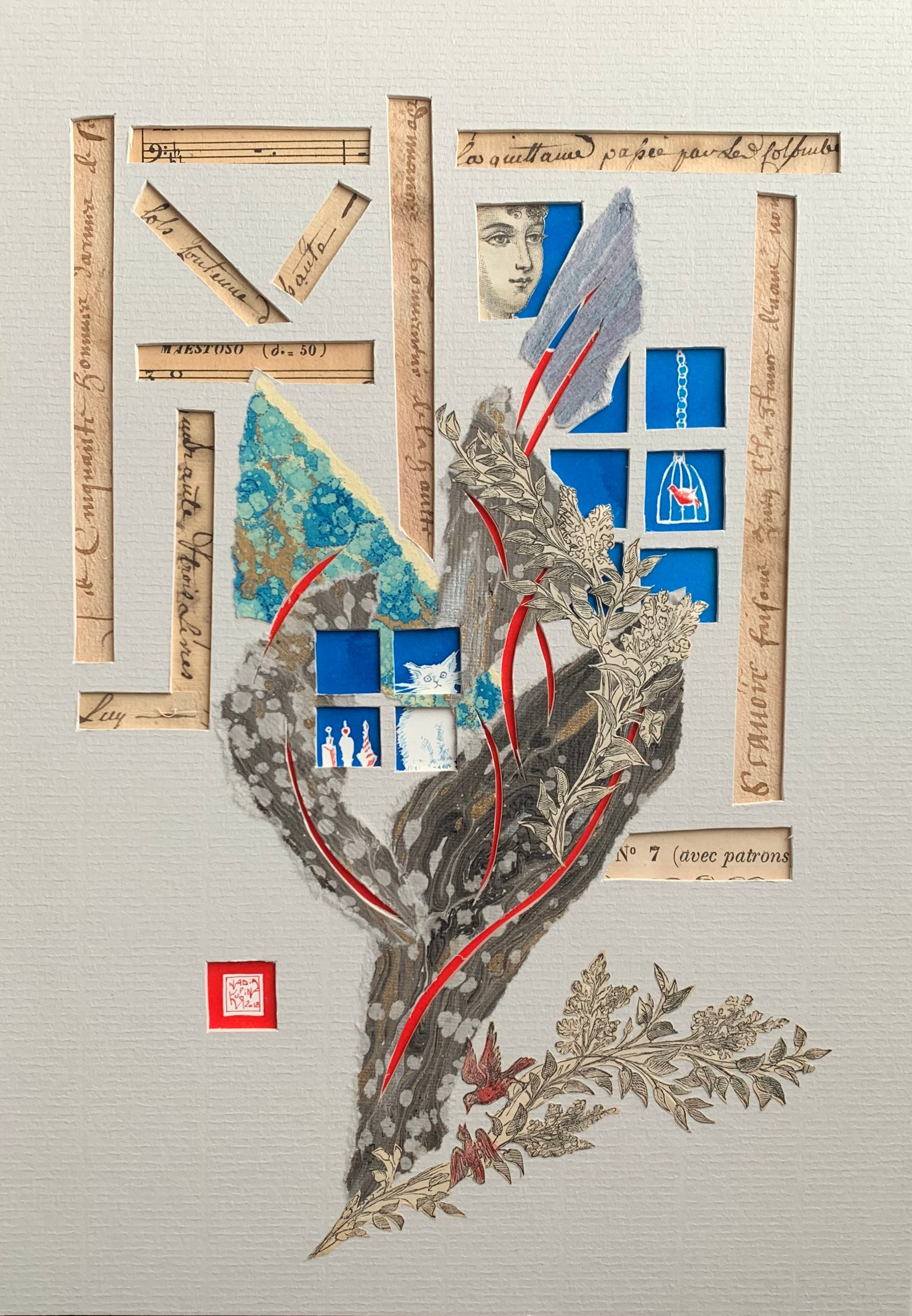 Opera d’arte collage carta cartoncino inchiostro casa città Francia Le Mans Vieux Mans case villaggio fiaba Fornasetti  case a graticcio traliccio carte antiche lettere carta antica inchiostro blu uccellino in gabbia