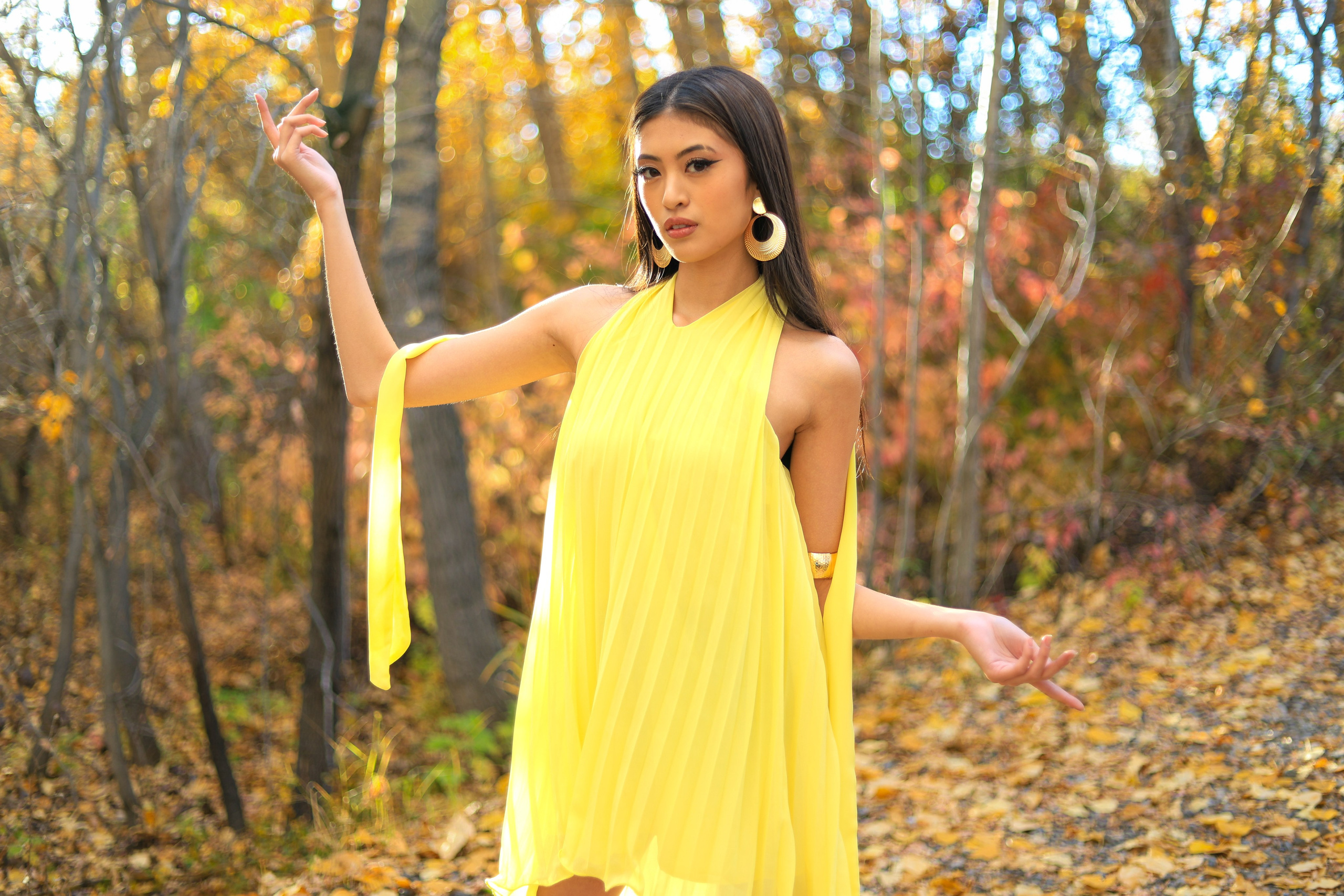 Golden Elegance: Lana Collantes’ Autumn Photoshoot in a Yellow Dress. ProFly.club — Professional aerial filming in Calgary