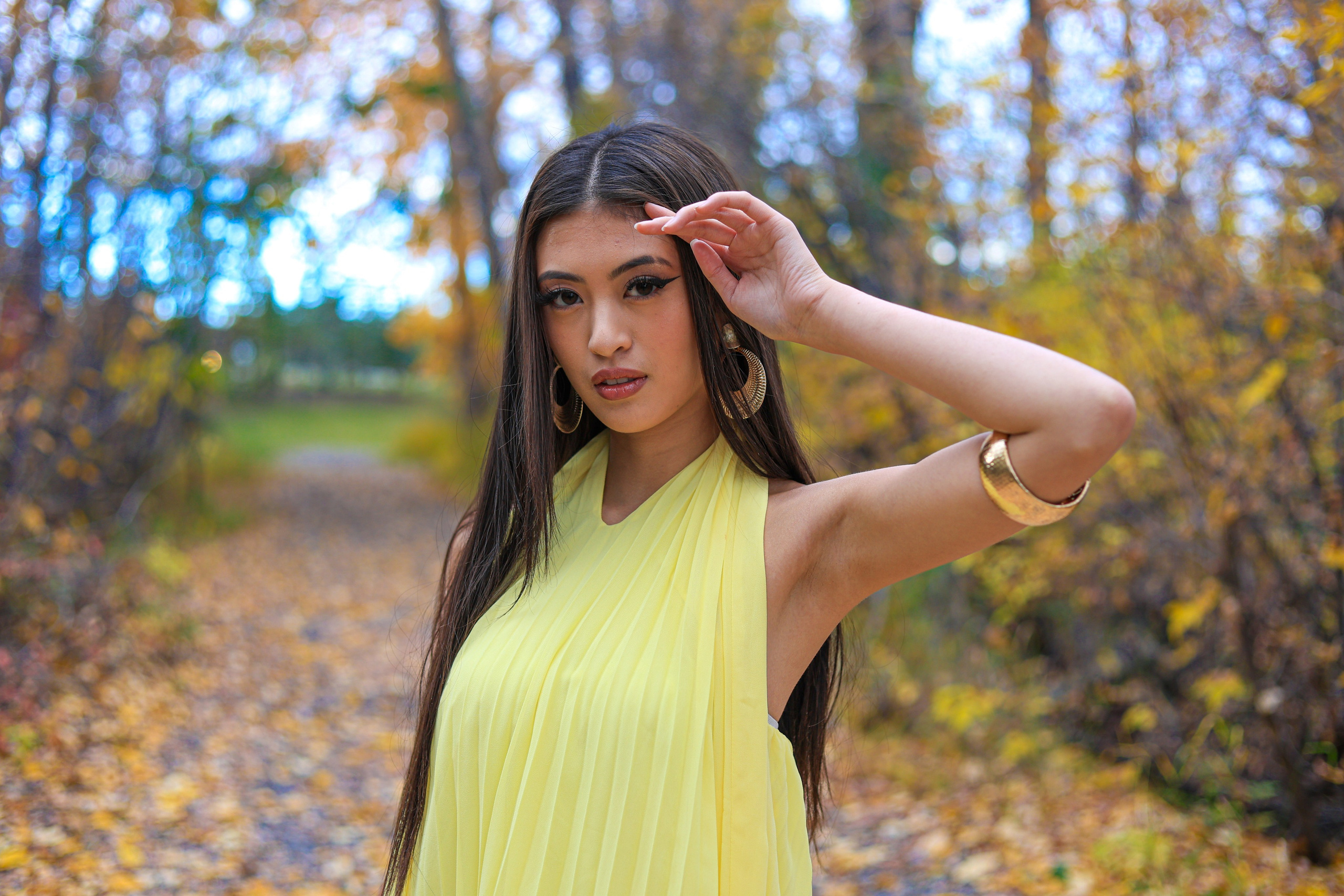 Golden Elegance: Lana Collantes’ Autumn Photoshoot in a Yellow Dress. ProFly.club — Professional aerial filming in Calgary