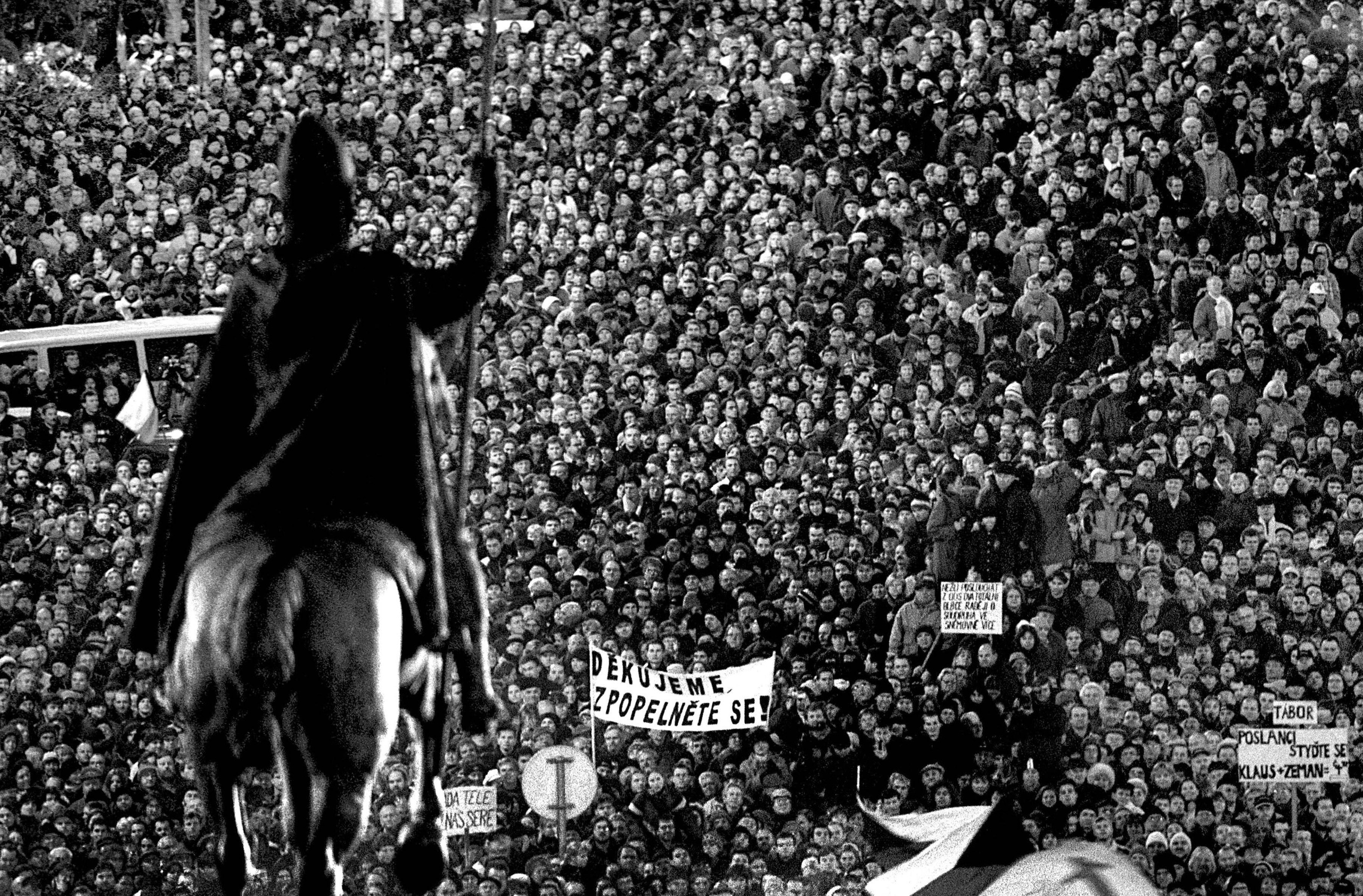 On January 3, 2001, an estimated 100,000 protestors gather atop Prague's historic Wenceslas Square to support journalists at Czech Television who were staging a sit-in as the battle for control of the airwaves amid accusations of censorship and political appointees. The Czech Television Crisis  (end of 2000 until February 2001) was a significant event in the post-commnist Czech history, seen by many as a defense of media freedom and deomocratic principles.  