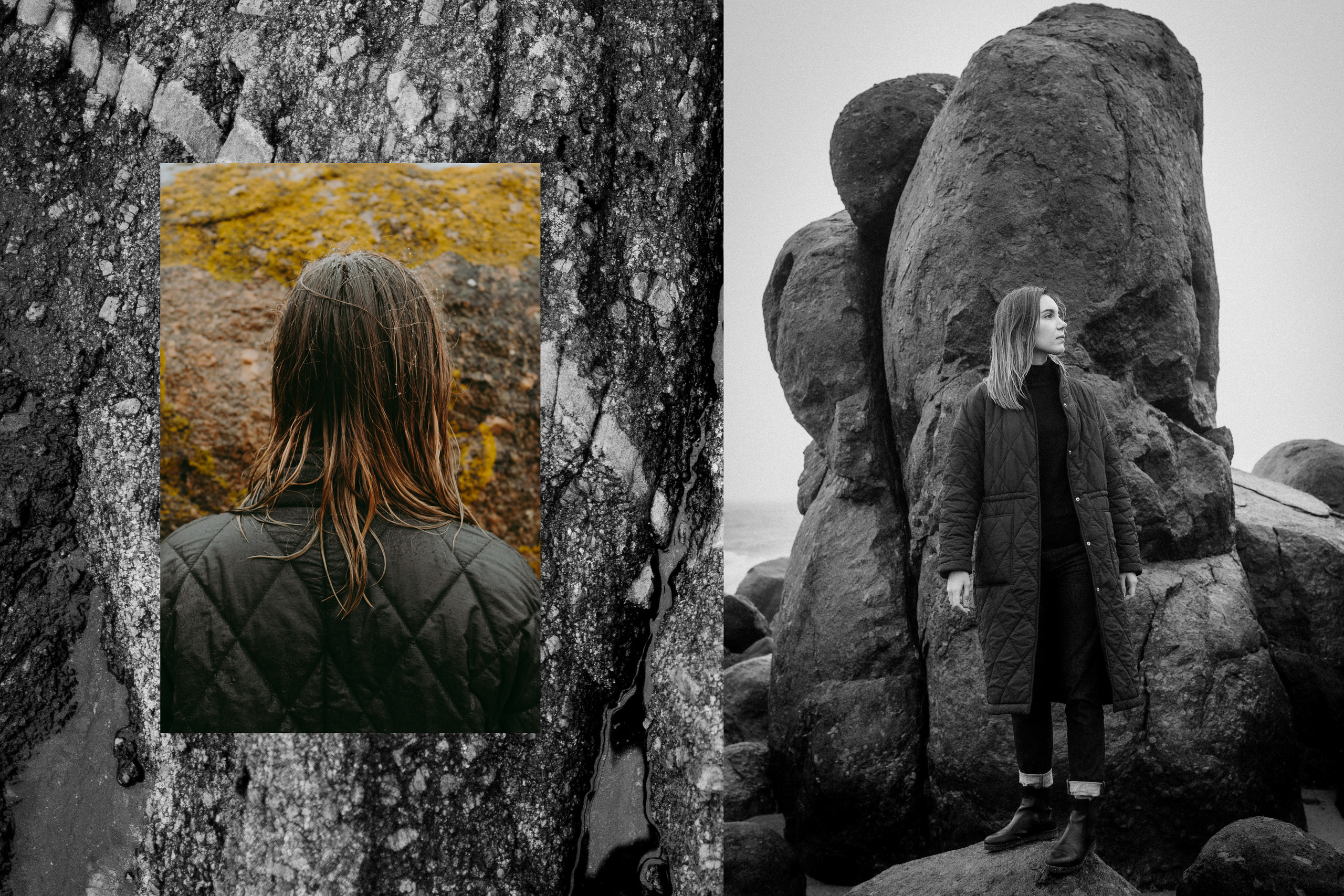 Collage with a back portrait of a young woman. A young woman stands near a big rock. Wet hair.