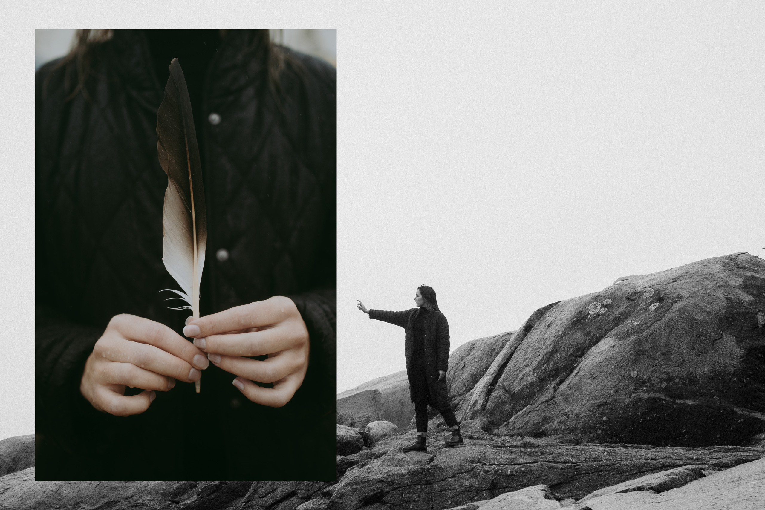 Romantic collage. Close-up of hands holding a feather. 