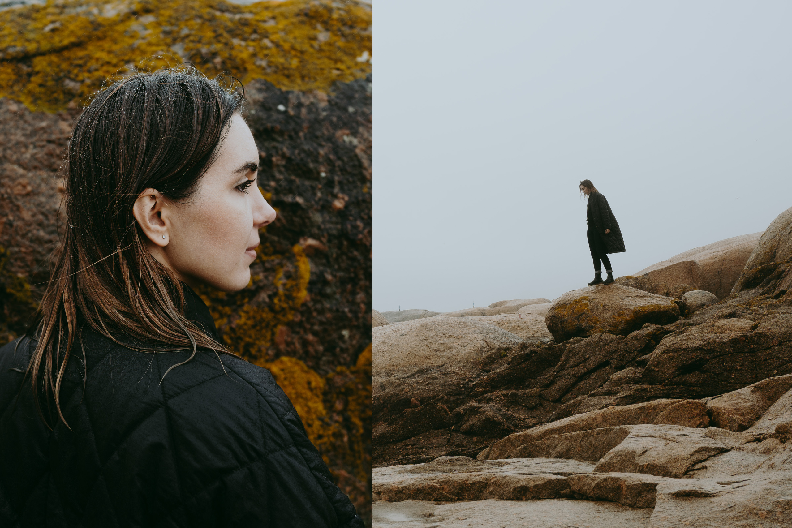 Collage with a profile of a young woman with wet hair. Combined with a picture of a small black silhouette on the rocks.