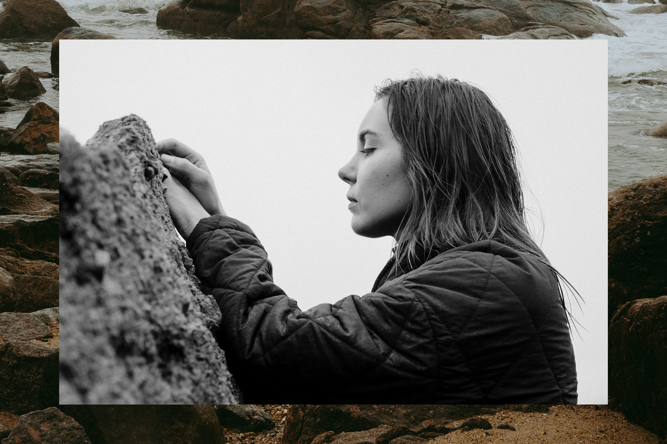 A collage with a young woman touching a rock.