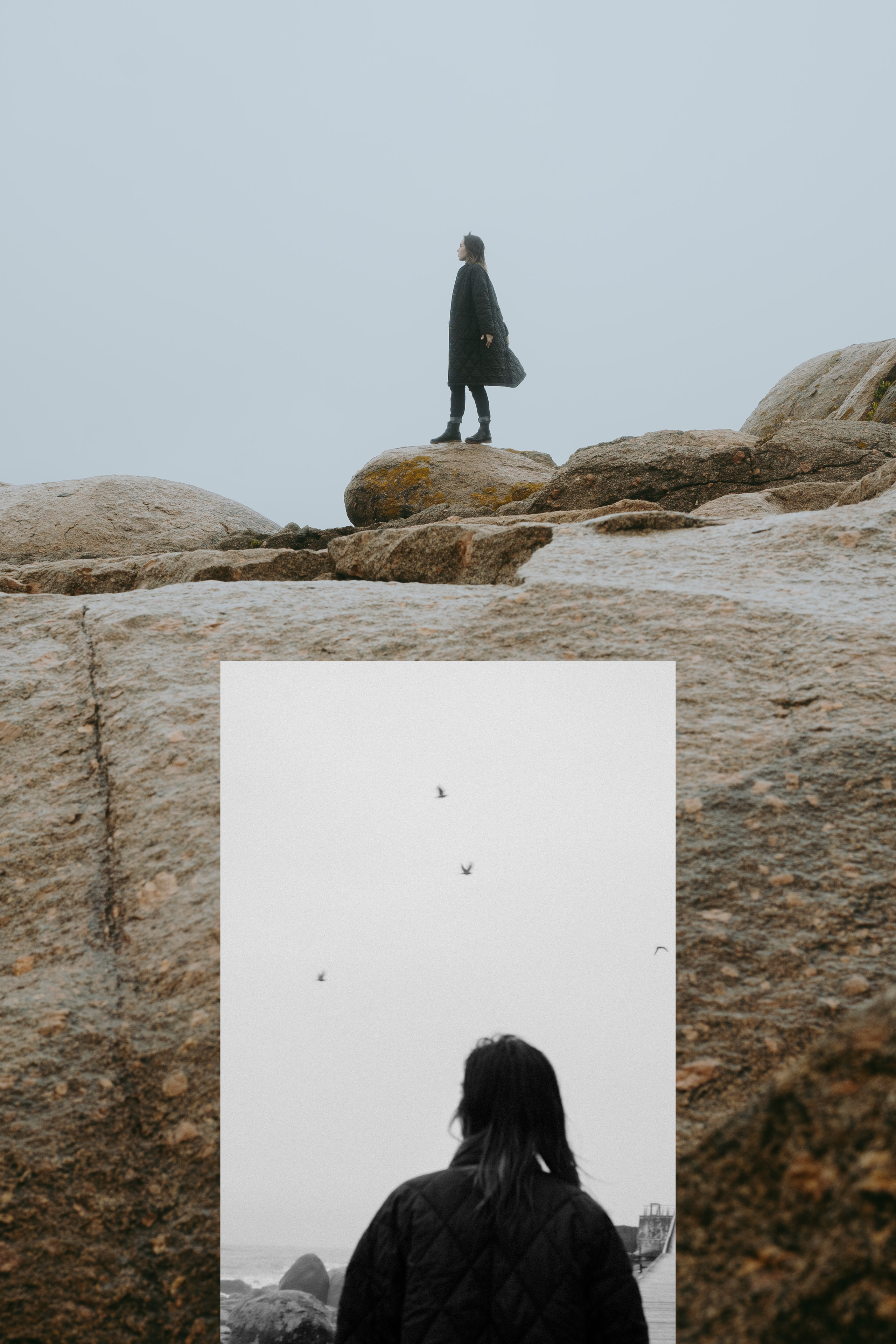 Collage with a small black silhouette on the rocks.