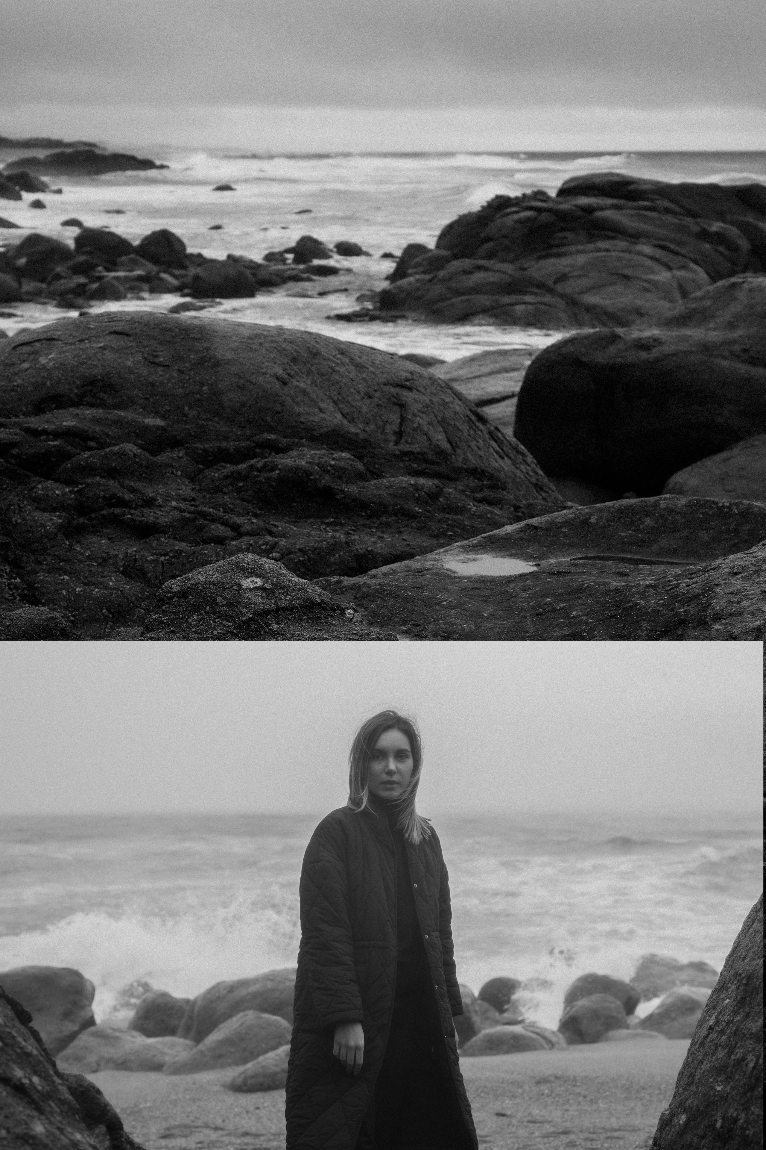 Collage with a portrait of a young woman combined with a seashore picture.