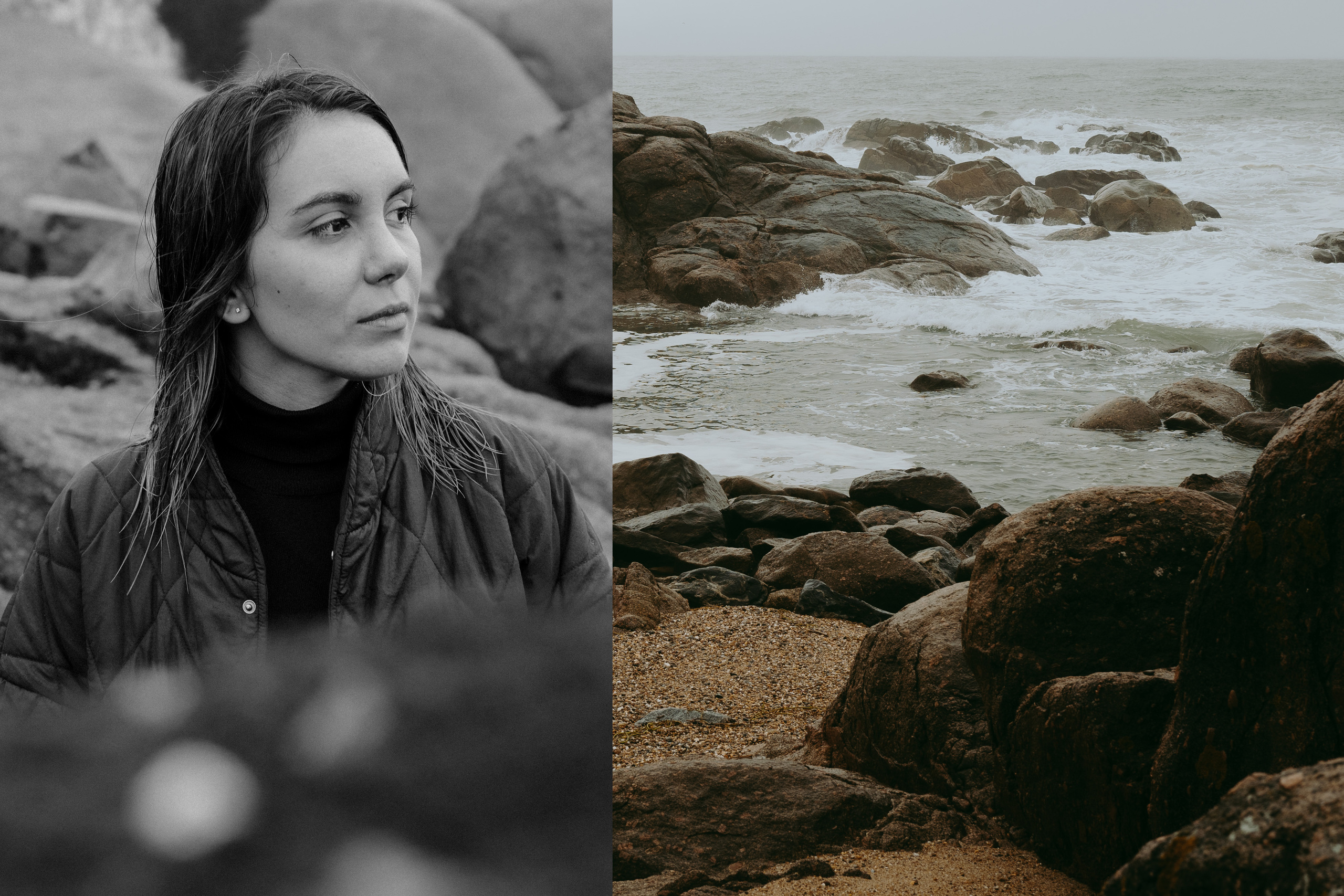 Collage with a portrait of a young woman combined with a seashore picture.