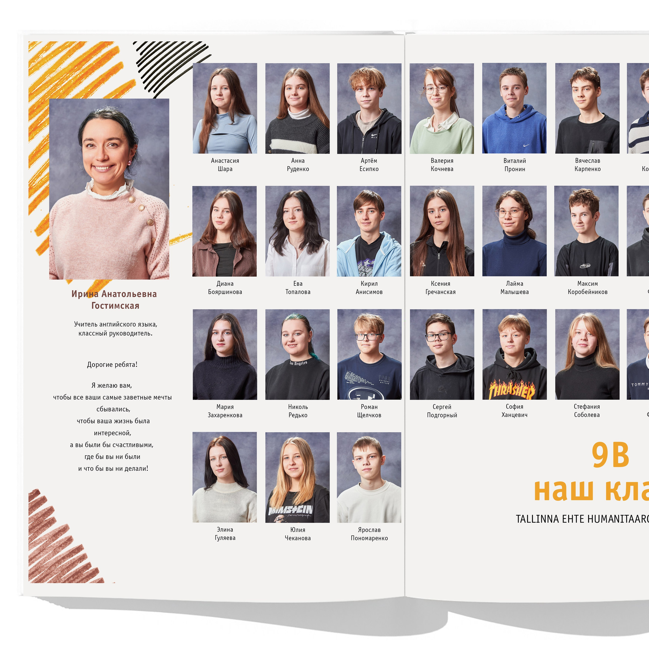 Общий разворот с фотографиями детей и учителя всего класса с именами и фамилиями.