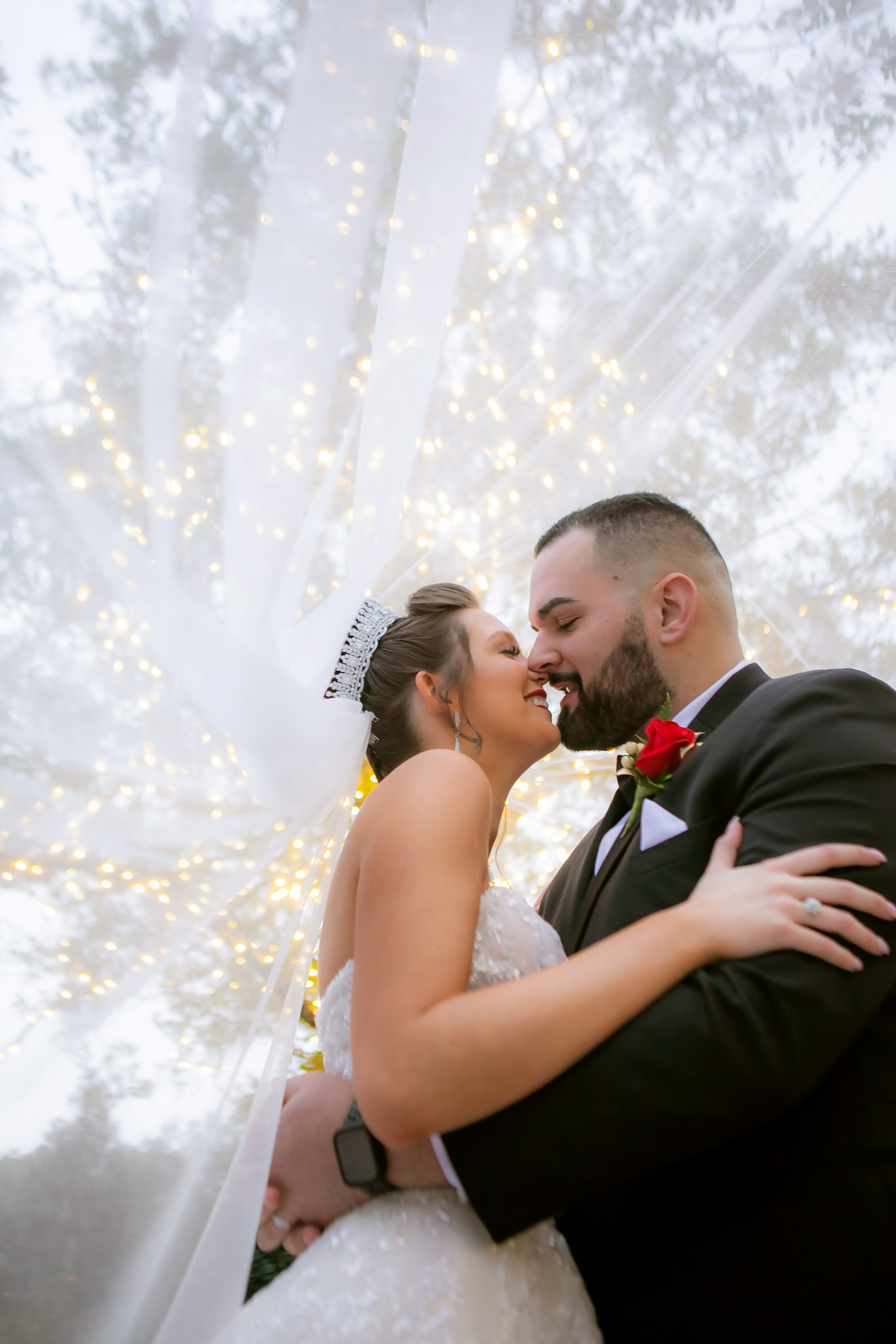 bride and groom kissing under a veil