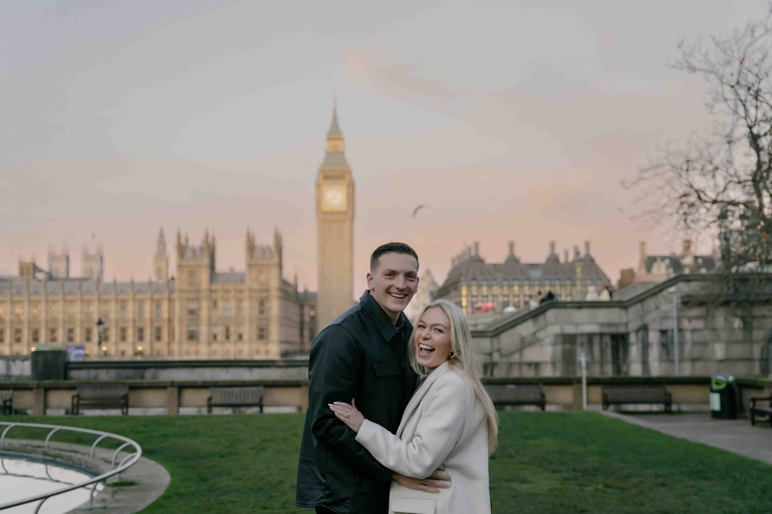 Emotional reaction during proposal in Westminster London, candid engagement photography