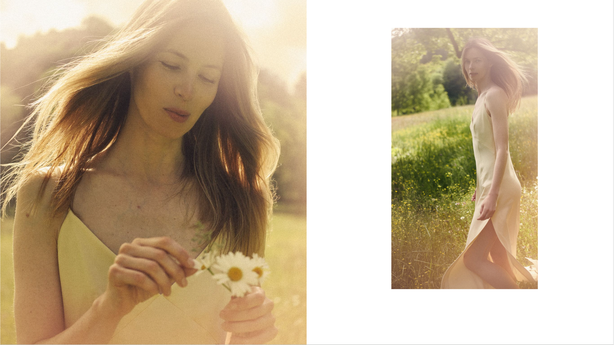 Editorial shooting for a fashion brand featuring a woman in summer dress surrounded by greenery, fashion-inspired outdoor photoshoot
