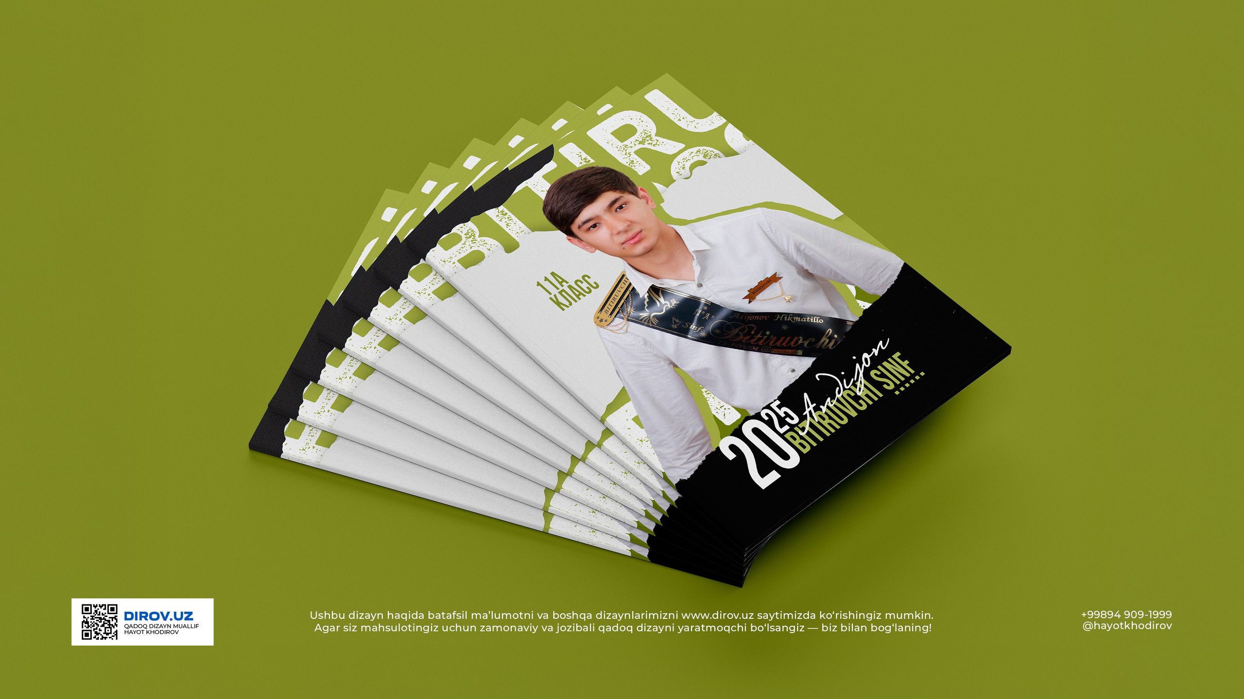 Andijon 11-A sinf bitiruvchilari uchun “Oxirgi qo‘ng‘iroq” vinetkasi — Dirov Studio tomonidan yaratilgan bitiruv albomi. O‘quvchilar bog‘da suratga tushgan, asosiy kadrda bitiruvchi yigit lenta taqib turgan.