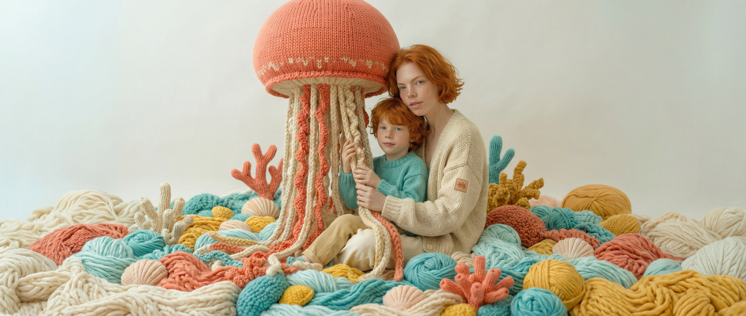 WOOLSEA Soft Ocean Family Knitwear Editorial | Mother and Child Knitwear Collection. Irina Bulanova — AI Artist | Surreal AI Art & Bright Digital Worlds