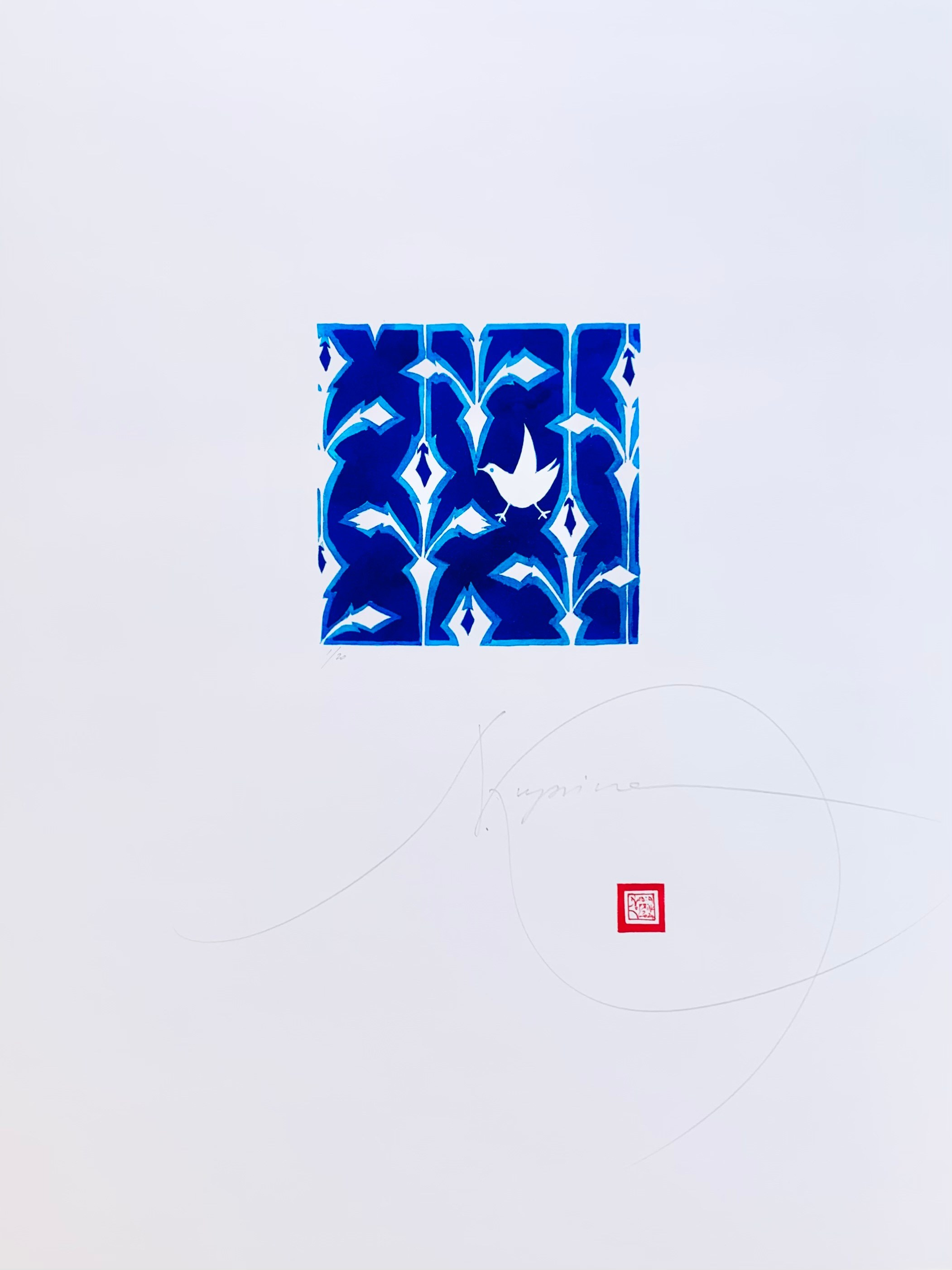 Decorative floral and bird pattern in blue and white, limited edition digital print inspired by hand-painted ceramic tiles and Nordic design.