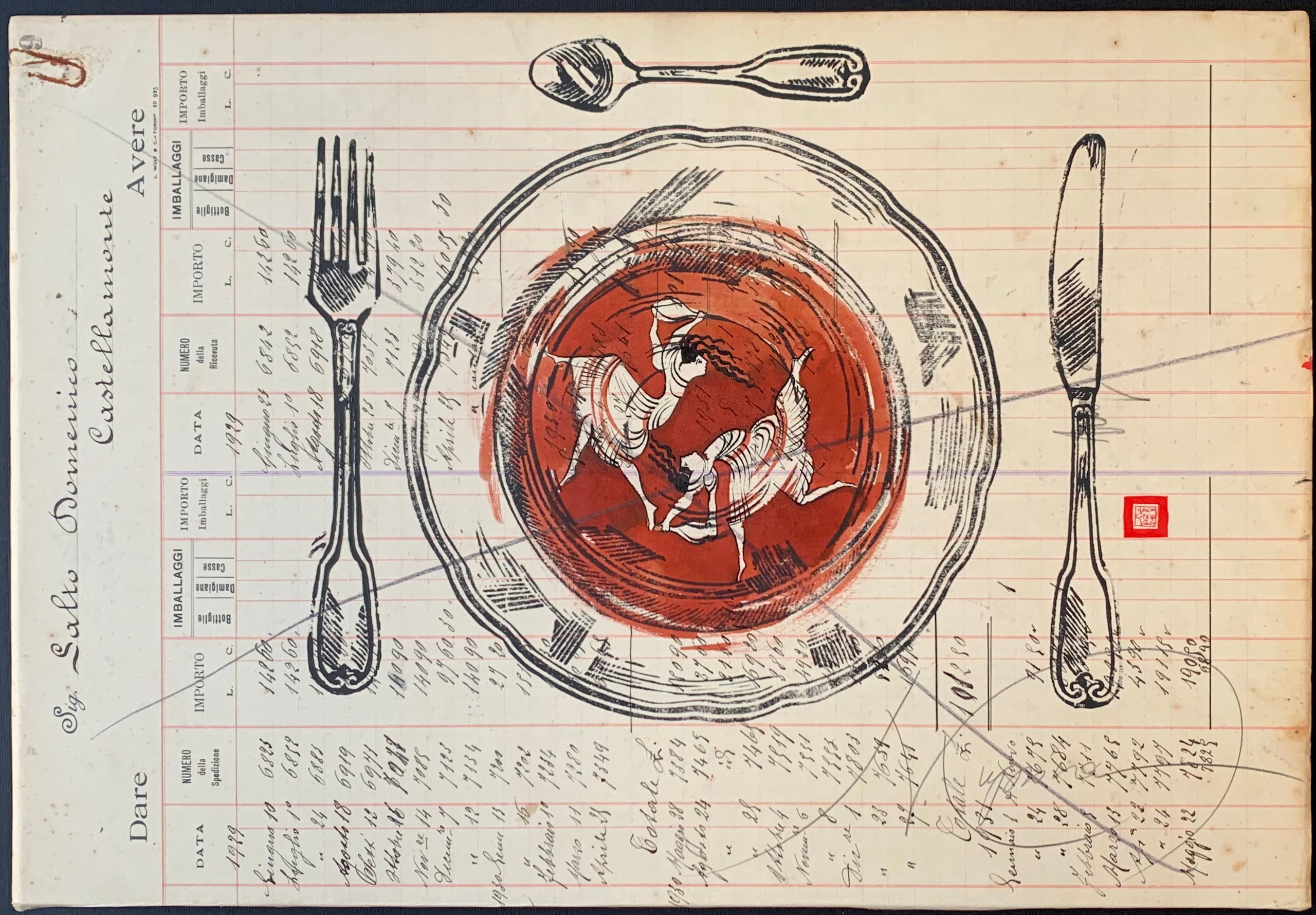 La serie Panem Quotidianum di Nadia Kuprina si configura come un intervento di riattivazione archivistica e simbolica. Un registro contabile piemontese (1918–1930), con nomi e acquisti dei clienti, diventa supporto e matrice concettuale. Il numero della pagina determina il titolo dell’opera. Su questa struttura documentaria l’artista stampa a mano piatti e posate in linoleografia, dipingendo il piatto in inchiostro seppia con riferimenti decorativi alle ceramiche elleniche. Il lavoro costruisce un dialogo tra antico e moderno, tra economia e ritualità, trasformando il pasto condiviso in dispositivo narrativo e antropologico.