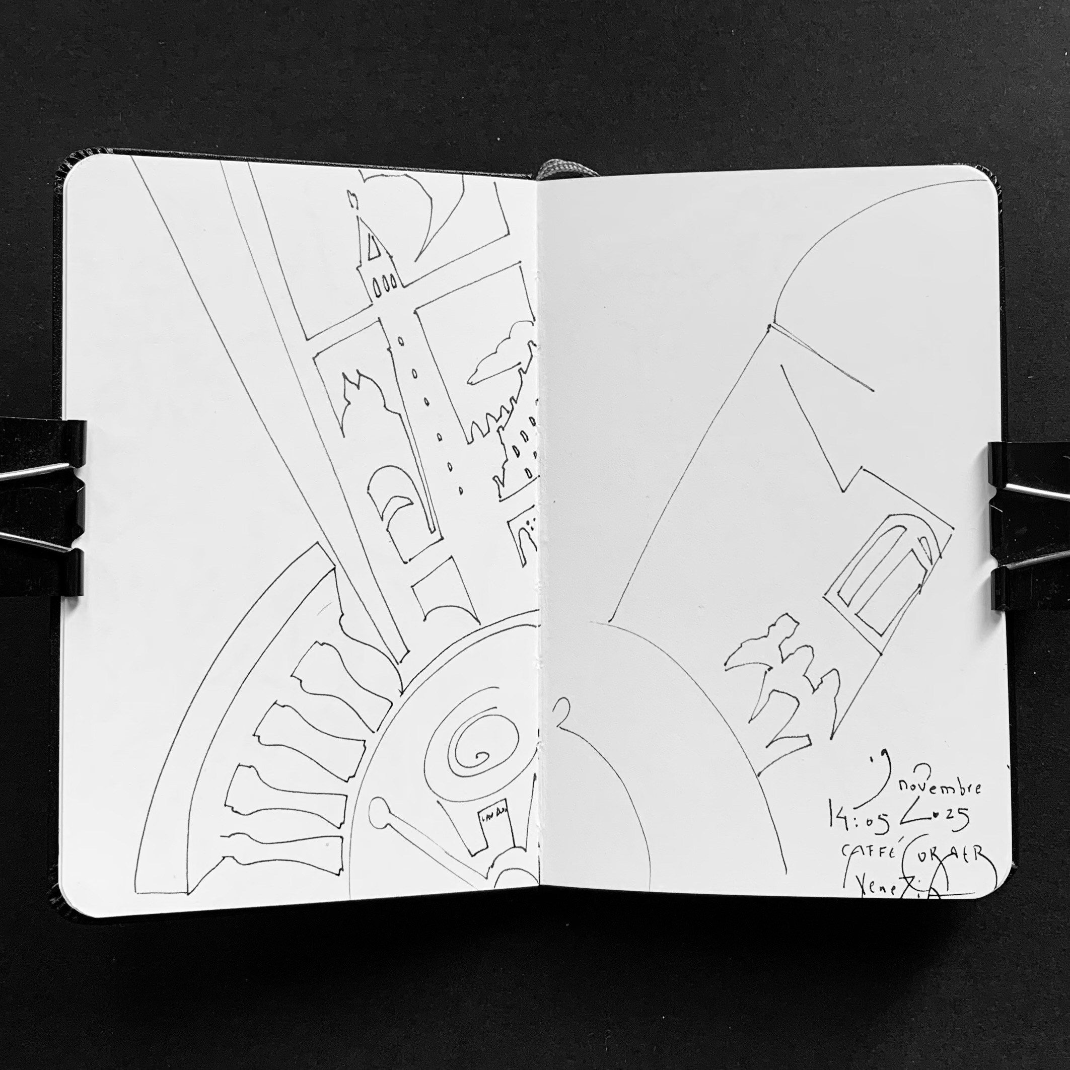 Moleskine notebook with original drawings made in Venice, works on paper developed as part of an artist’s editorial project. A dinamic drawing around a coffee cup with a view on Basilica San Marco.