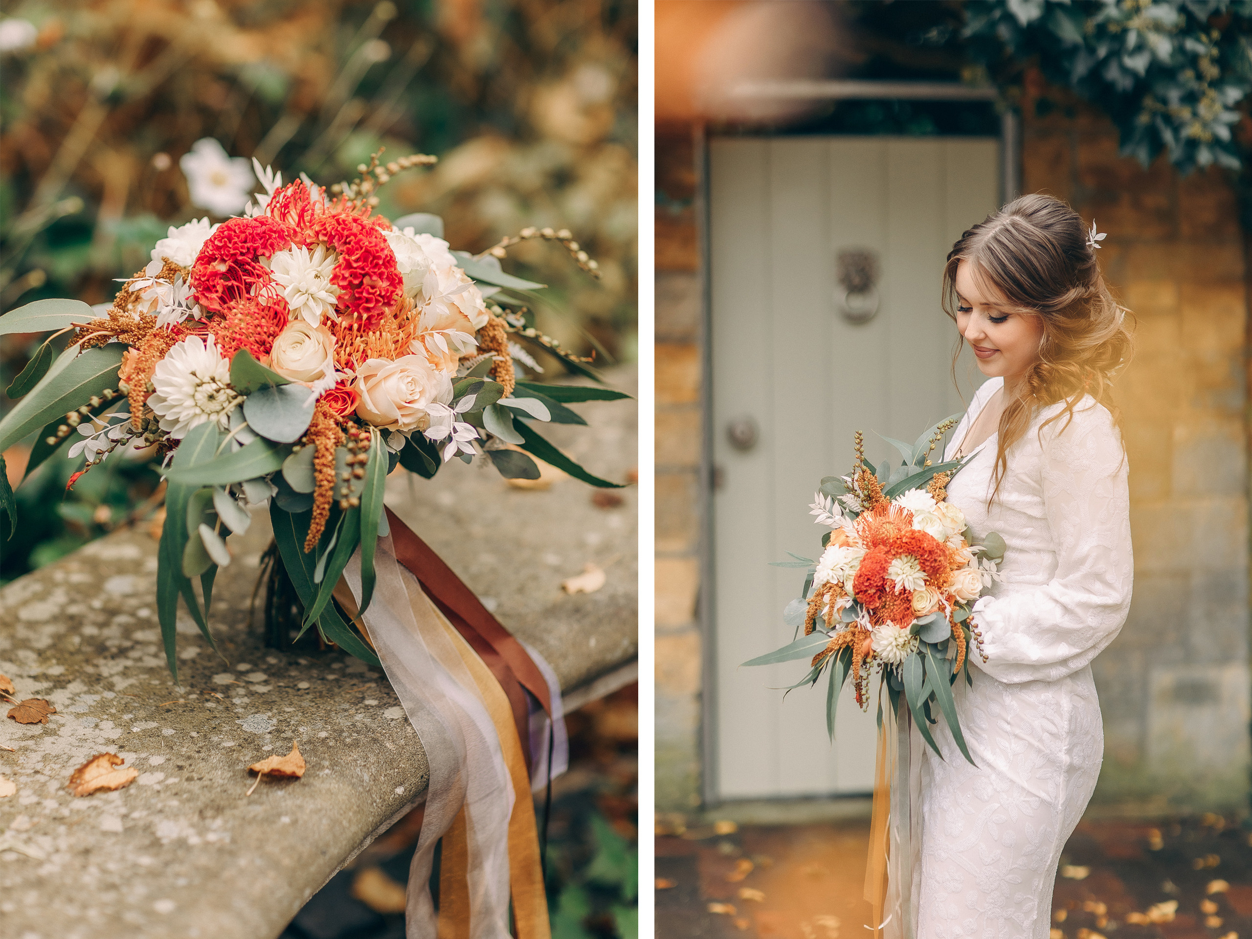 Hochzeit im Herbst, Hochzeitsfotoshooting im Herbst, Hochzeitsfotograf Osnabrück, Hochzeitsfotograf Ibbenbühren, Hochzeitsfotografin Osnabrücker Land, Hochzeit in Hörstel, Hochzeit im Herbst - herbstlicher orange-weißer Brautstrauß