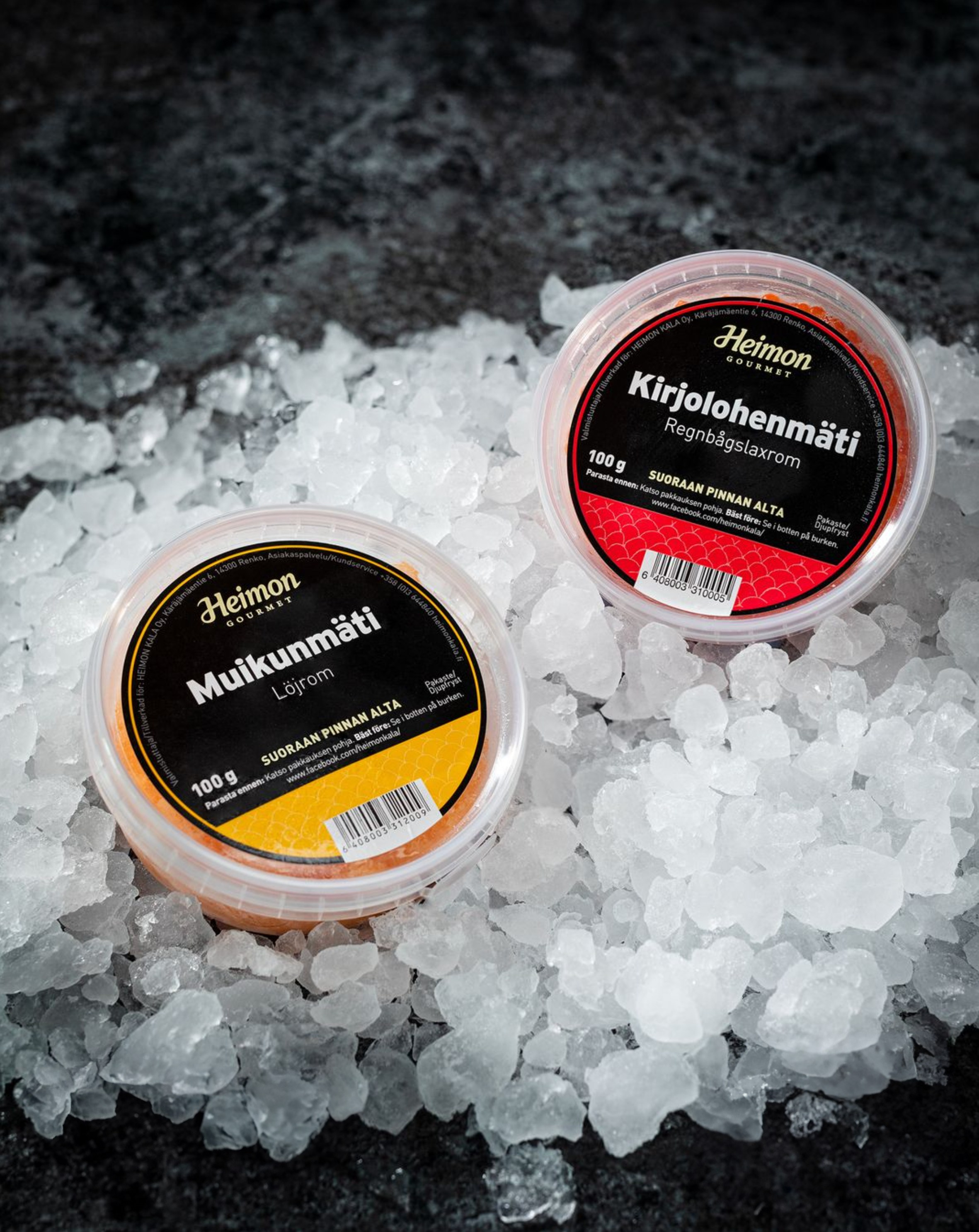 Muikkumäti ja kirjolohen mäti jäässä. 