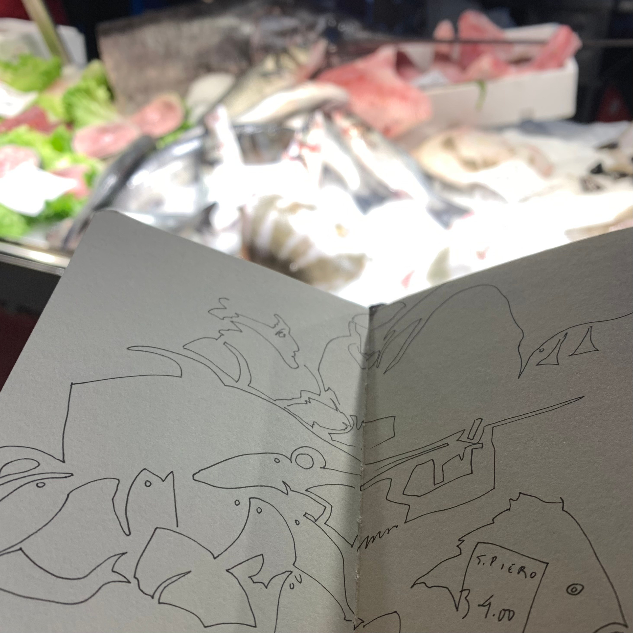 Moleskine notebook with original hand-drawn works on paper created in Venice, part of Nadia Kuprina’s contemporary drawing practice. A photo of a drawing on Fish Market.