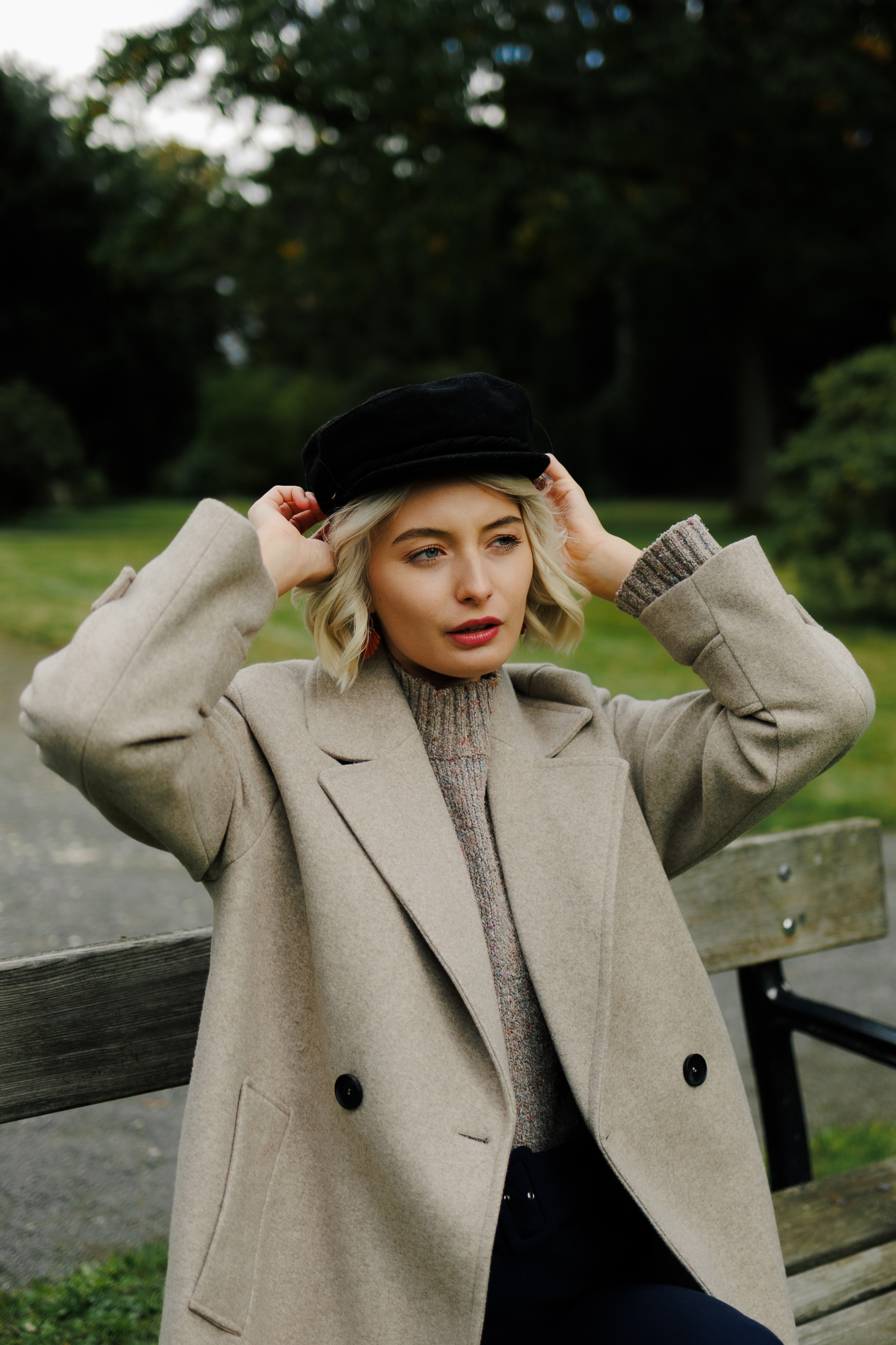 Autumn Portrait in the Park. Woman in Coat&Sweater. Cinematic&Emotional Photography by Kristina Kozheltsova. Kristina Kozheltsova- Soulful Portrait&Lifestyle&Love Story Photographer in Leipzig, Germany