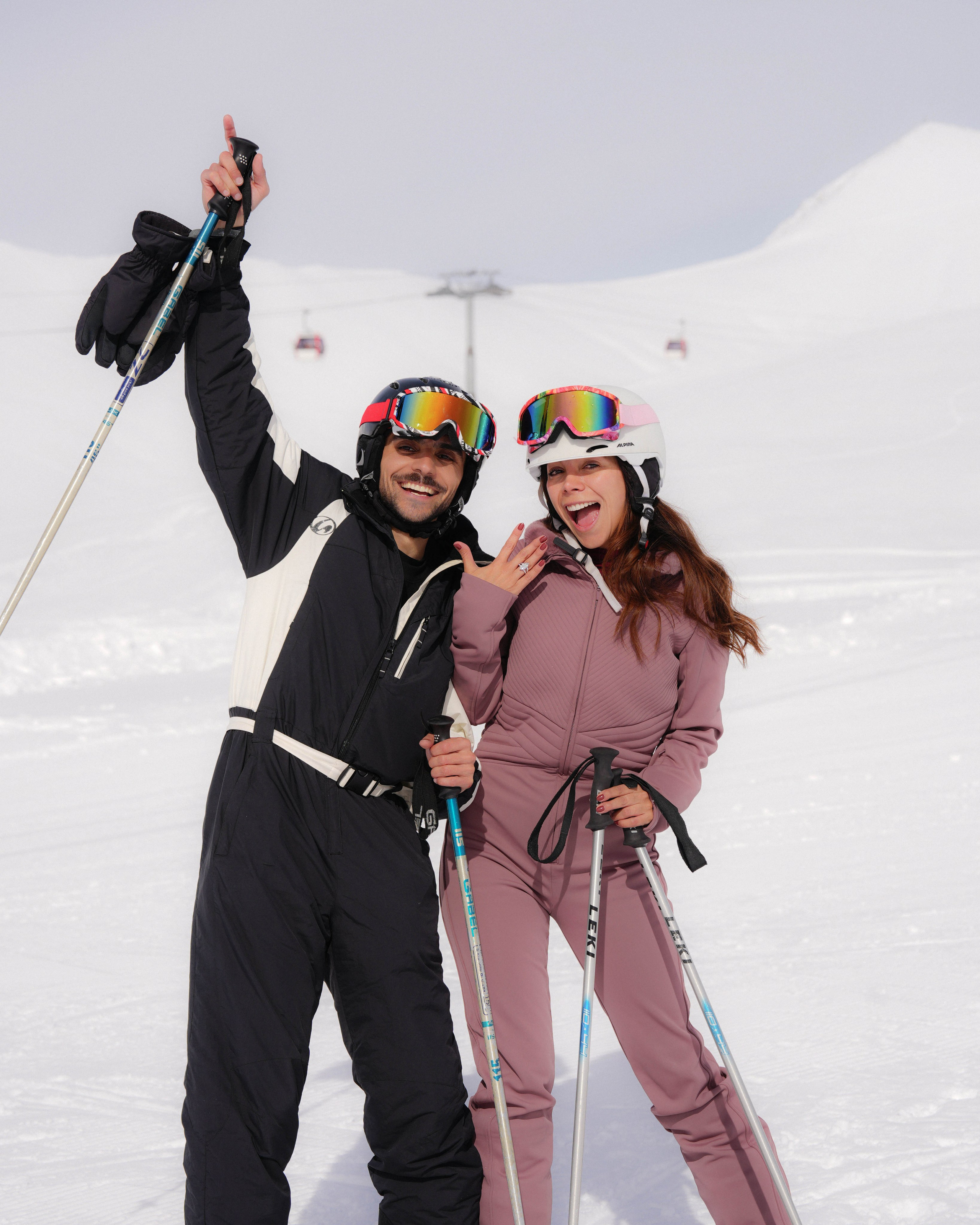 Ski couple portrait on slope in Georgia