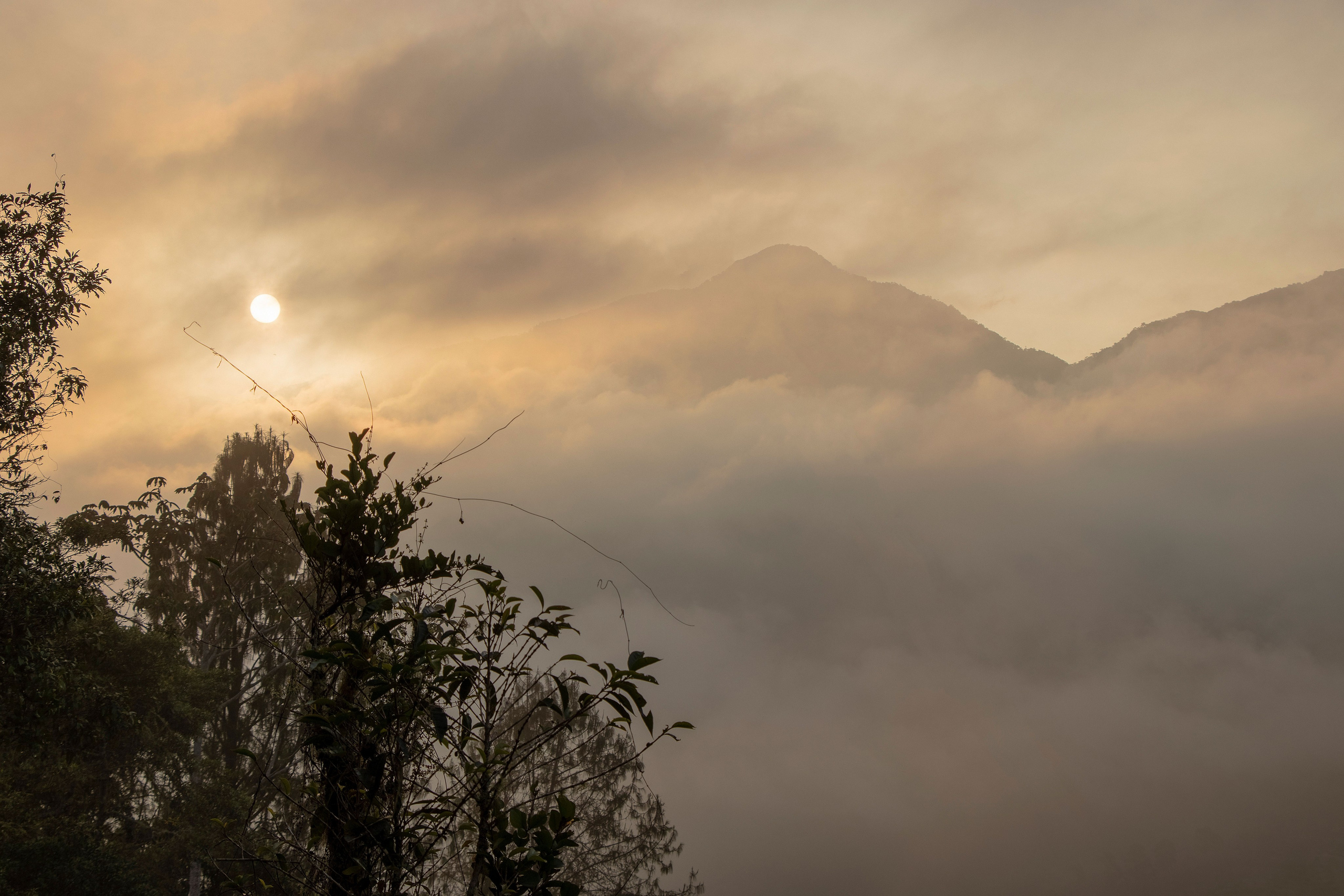 Fotografía del sol entre nubes de invierno y tono cálido