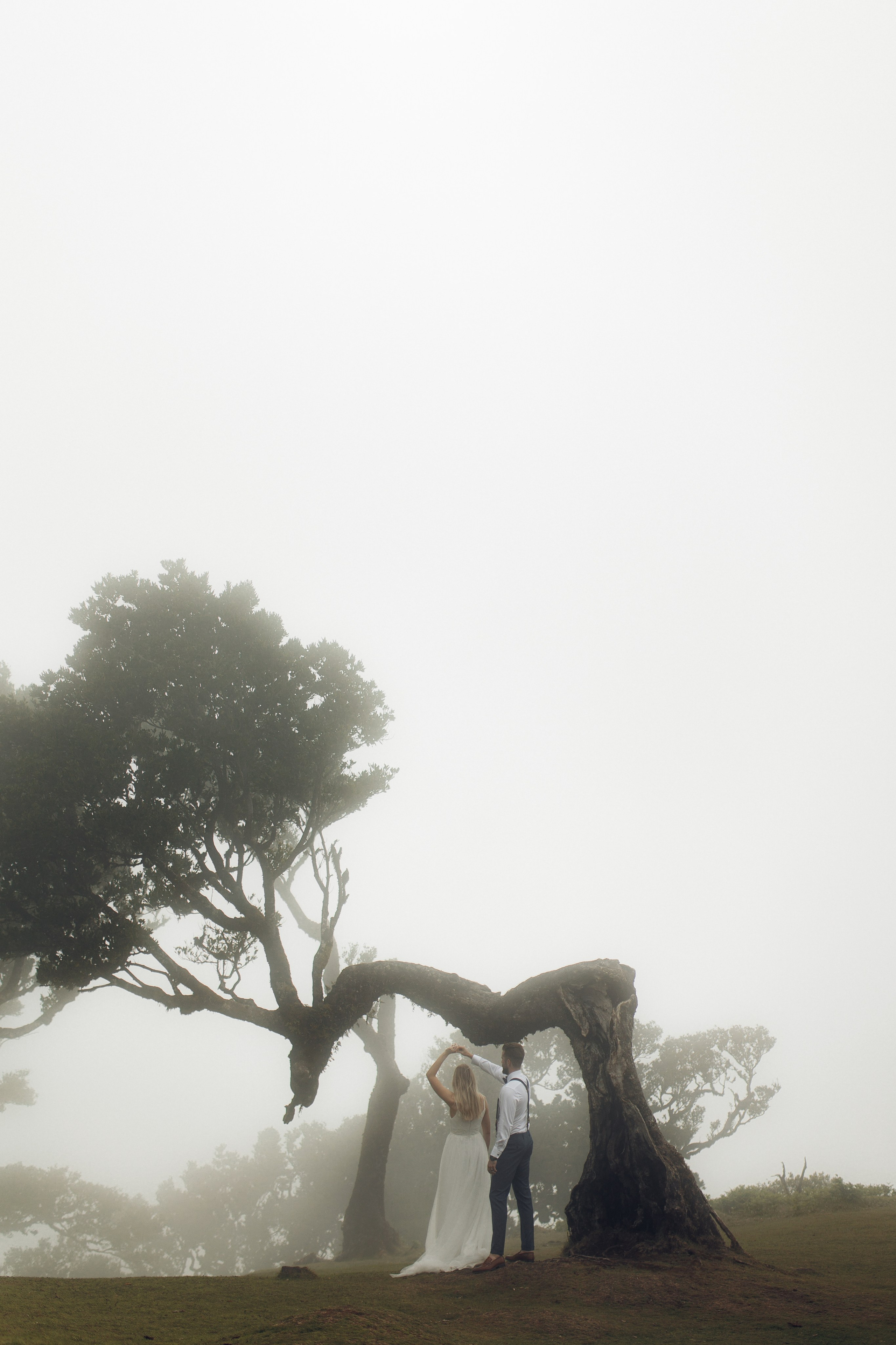 Bride and groom's intimate moment in Fanal Forest Madeira
