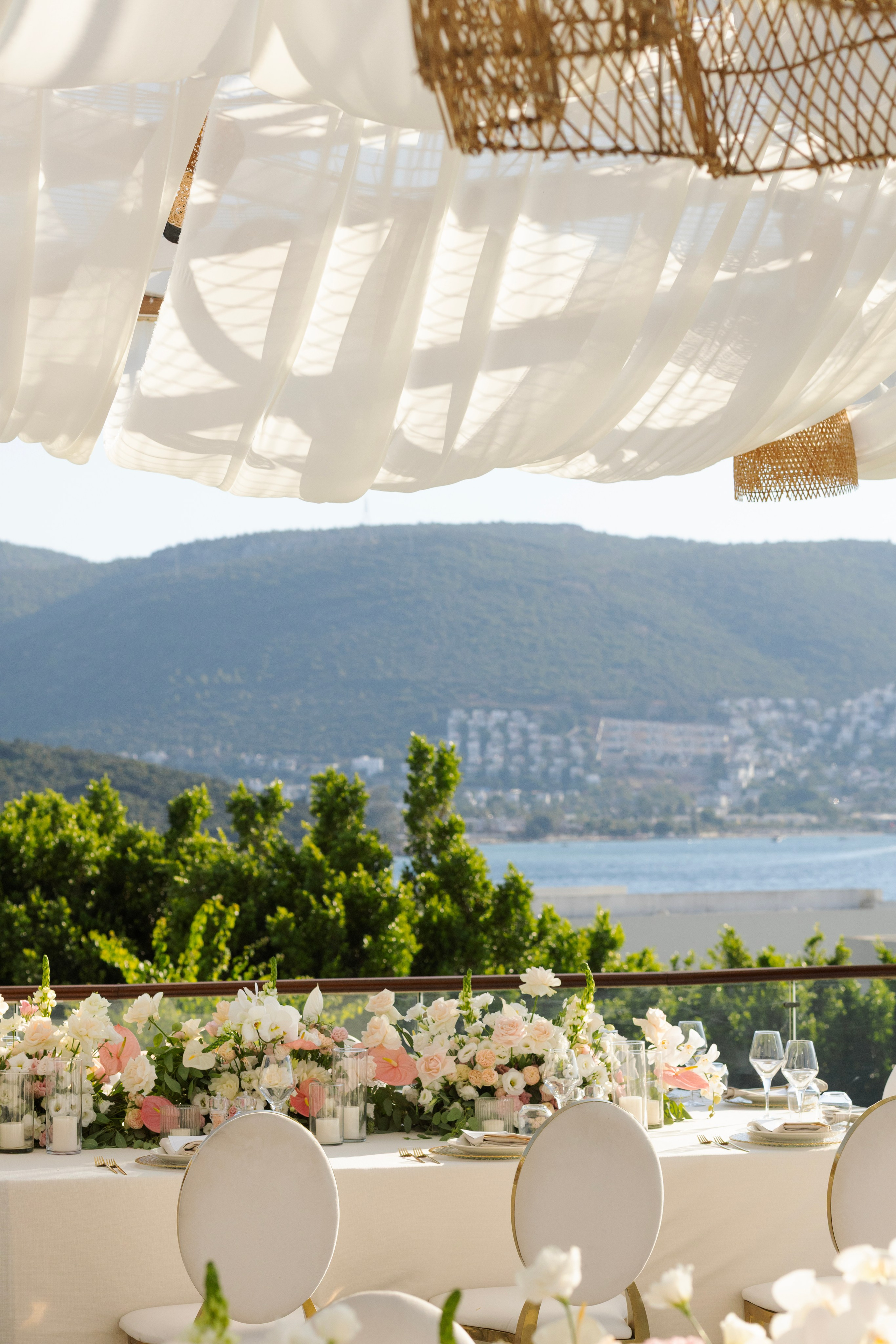Romantic wedding floral arrangements overlooking the Aegean Sea in Bodrum