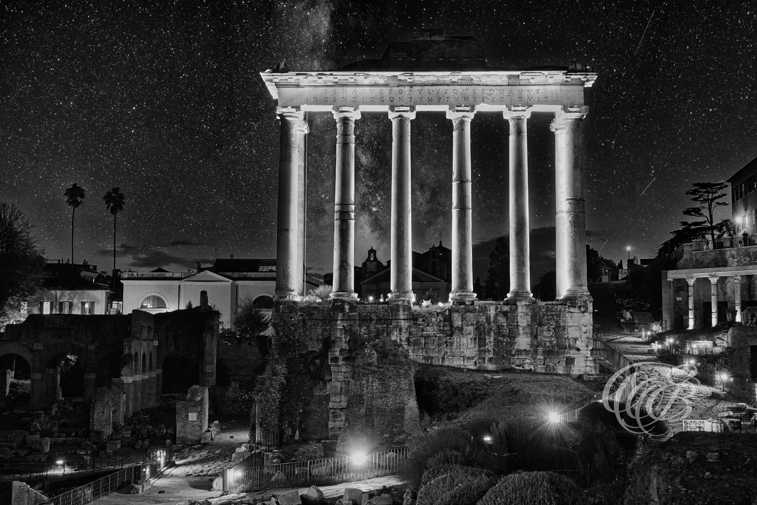 Rome Italy - Night View of the Roman Forum - Roman Fantasy - Eduardo Bartoli Fine Art Photography - Black and white fine art photograph of the Roman Forum in Rome, Italy with an artistically added starry night sky – photography by Eduardo Bartoli.