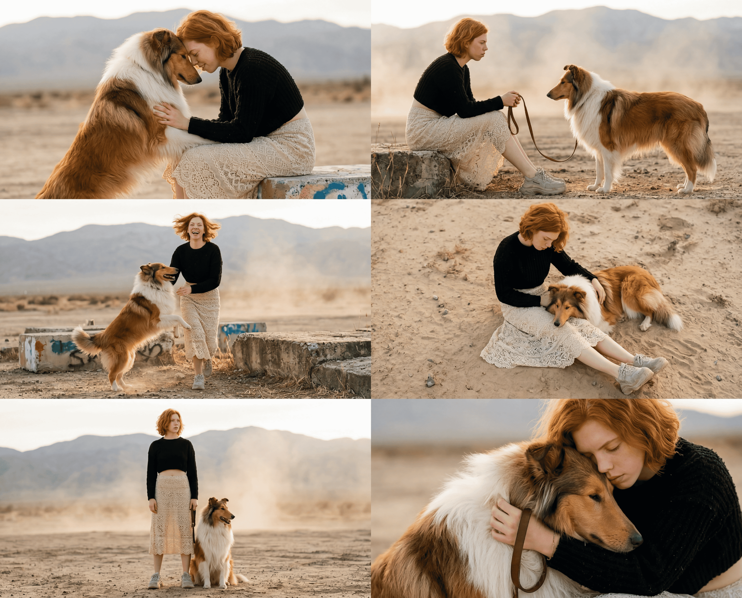 red-haired woman interacting with rough collie dog in desert landscape at golden hour, cinematic editorial portrait photography series