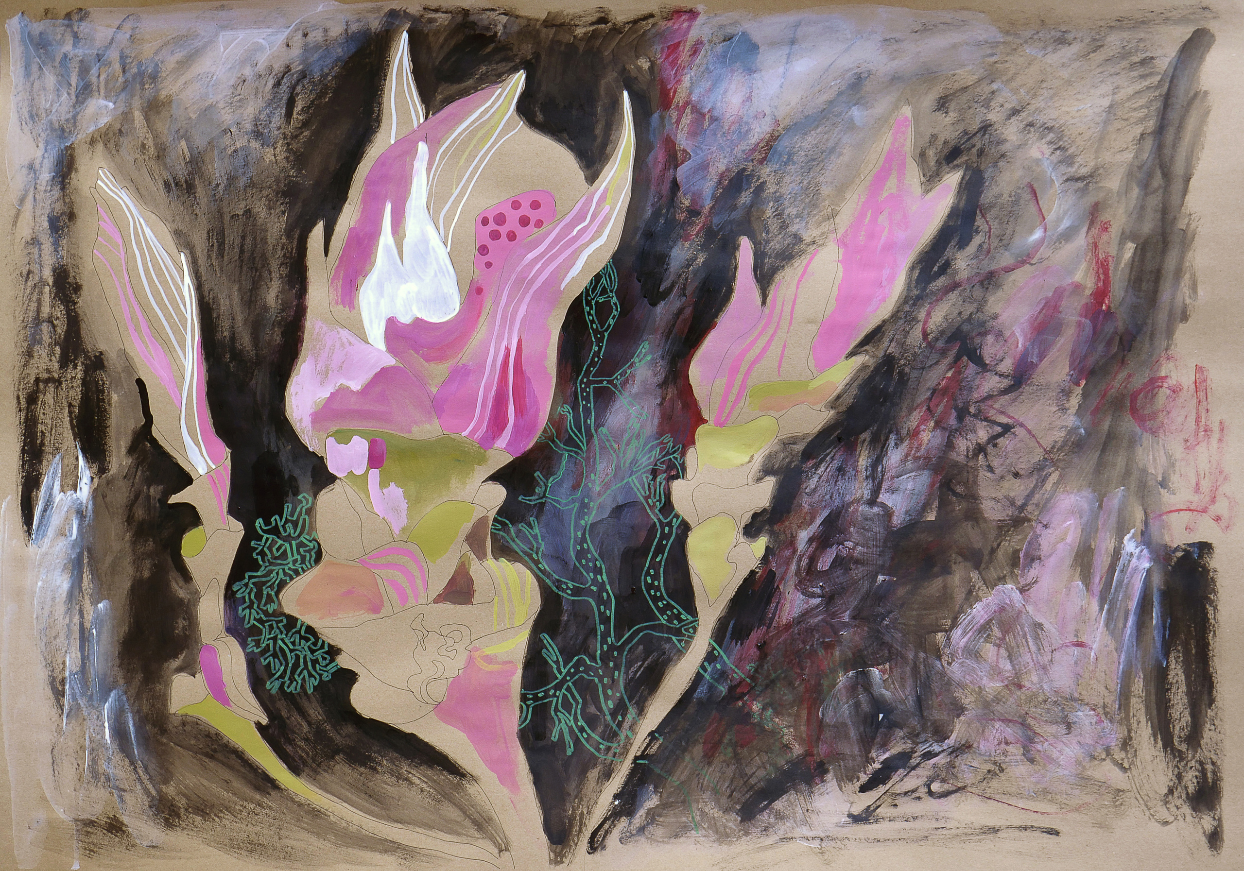 Aroma, 2022Craft paper, acrylic, 100 x 70 cm.In this project, I combined the vegetation of Israel with the flora of northern nature, which is more familiar to me. I am excited and fascinated by the local vegetation, but at the same time I am a little afraid of these plants, they are bright and beautiful, but very alien. I suspect each flower, is it not poisonous but is it possible to pick it up and bring home? Reflecting on the theme of the house, I realized that my nostalgia for the usual way of life extends to nature almost as much as to friends. I grew up in an atmosphere where it was customary to go trekking through the forests, and kayaking along the rivers. These moments of leaving the city for the forest are also part of me. I miss the smell of a pine forest, moss, blueberries, and ferns.