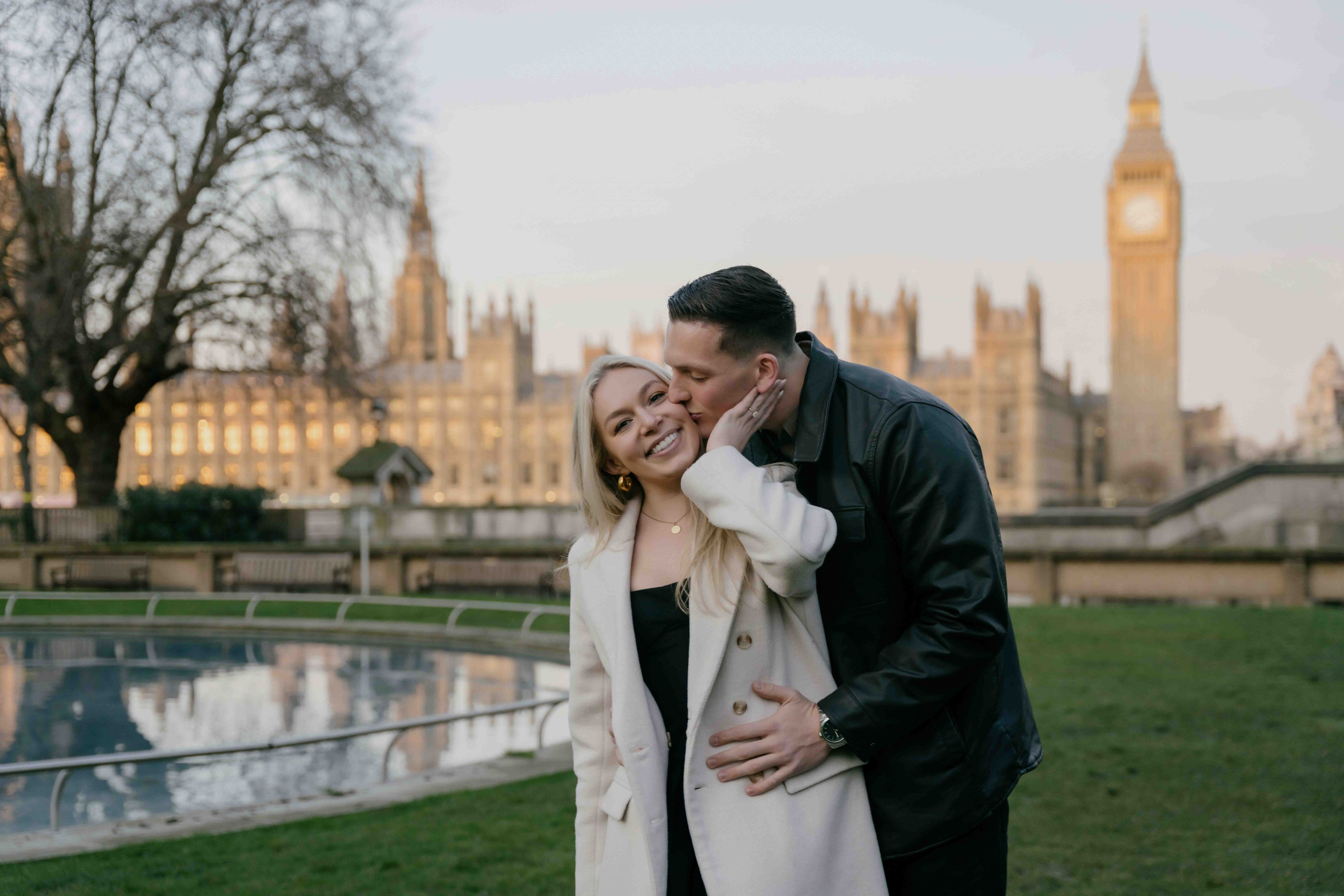 Close-up couple portrait after proposal London natural engagement photography