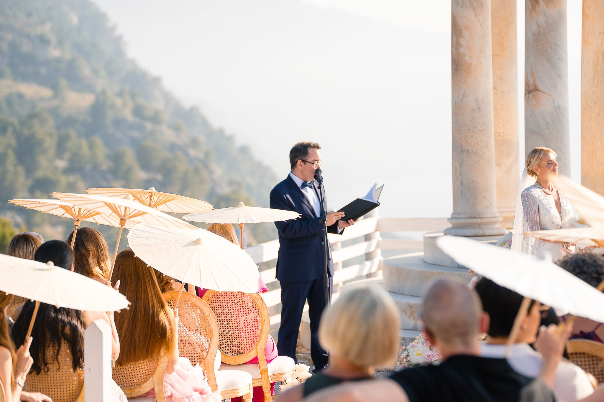Officiant delivering vows at Son Marroig temple Mallorca