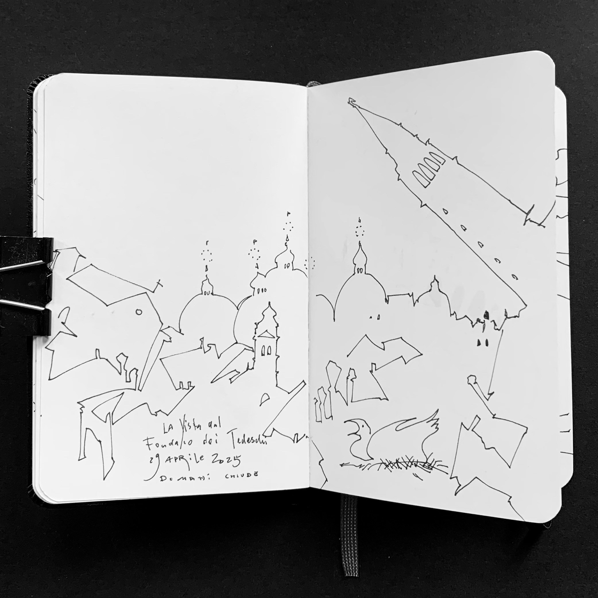 Moleskine notebook with original hand-drawn works on paper created in Venice, part of Nadia Kuprina’s contemporary drawing practice. A linear light drawing of the San Marco Square.