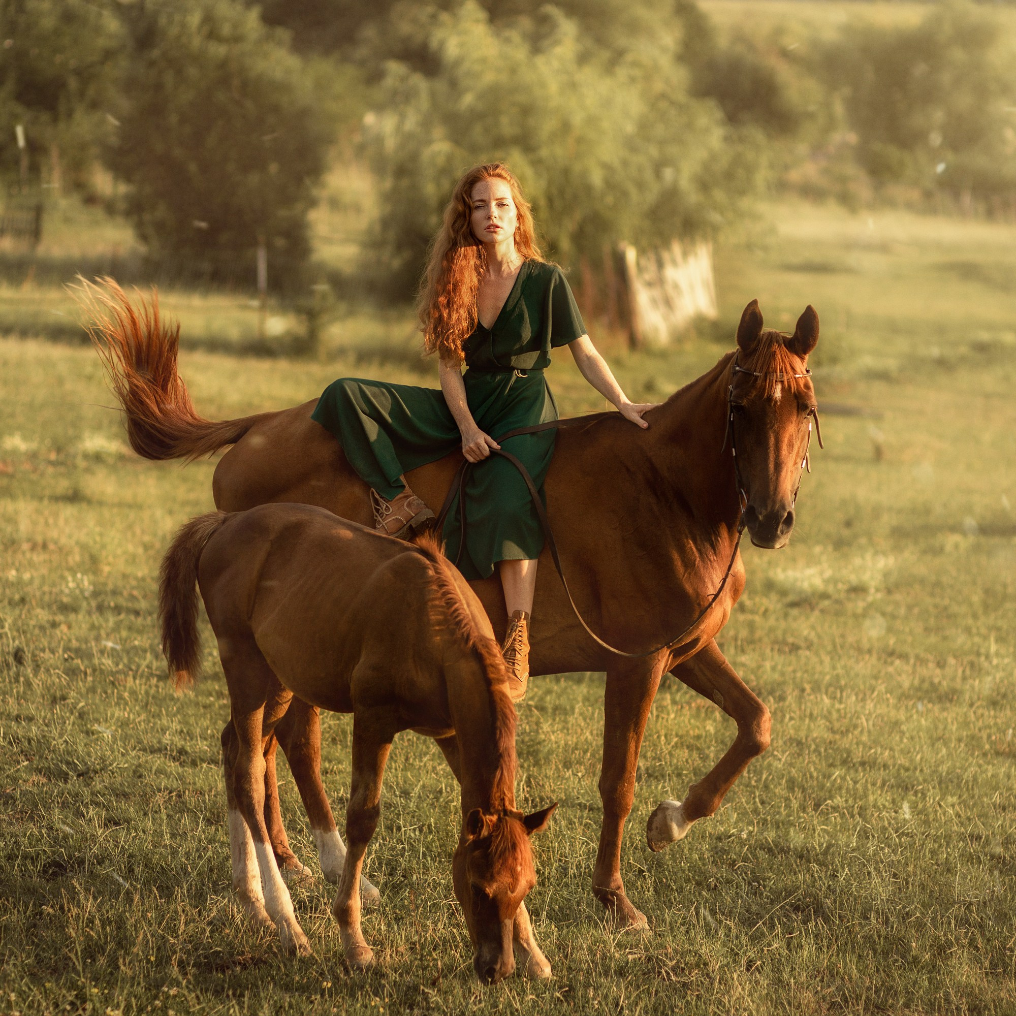 A woman sits on a horse and a small horse sits next to her. The horses look calm and majestic, and the model exudes confidence and peace. A backdrop of green fields and trees enhances the natural beauty of the scene, emphasizing the harmony between man and animals.