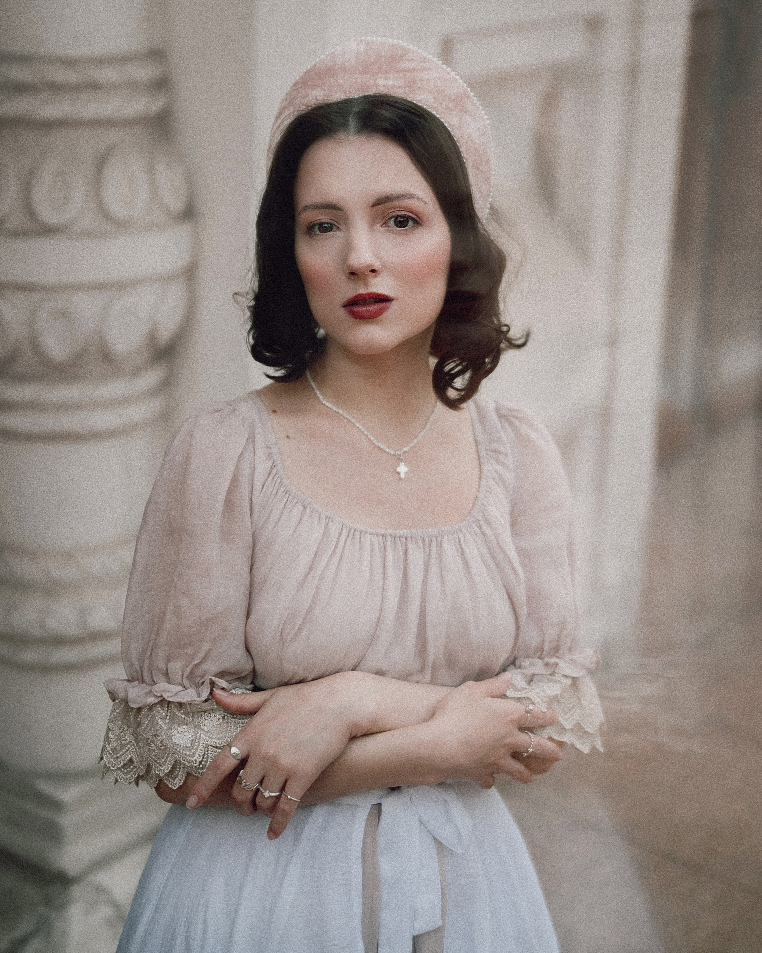 Slavic folklore shoot in traditional headwear and white dress. Moth & Moss Photography
