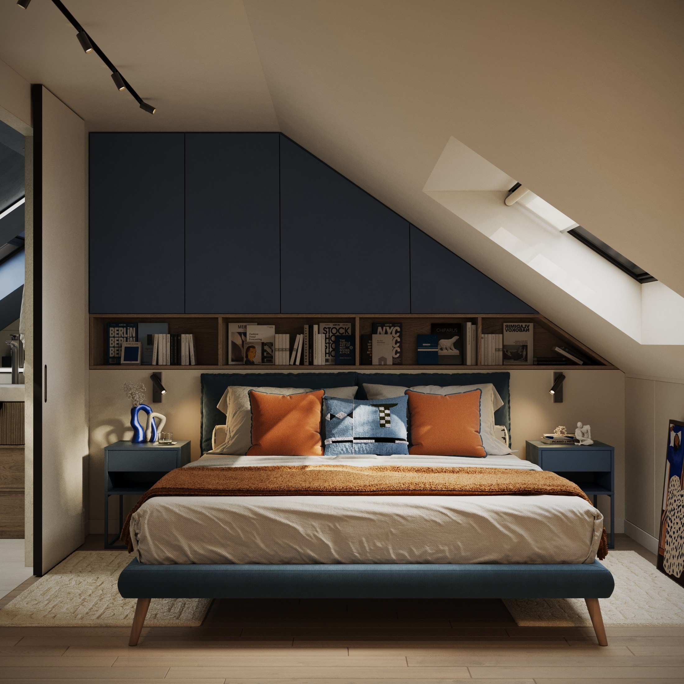 Attic room. Interior and object 3D visualization