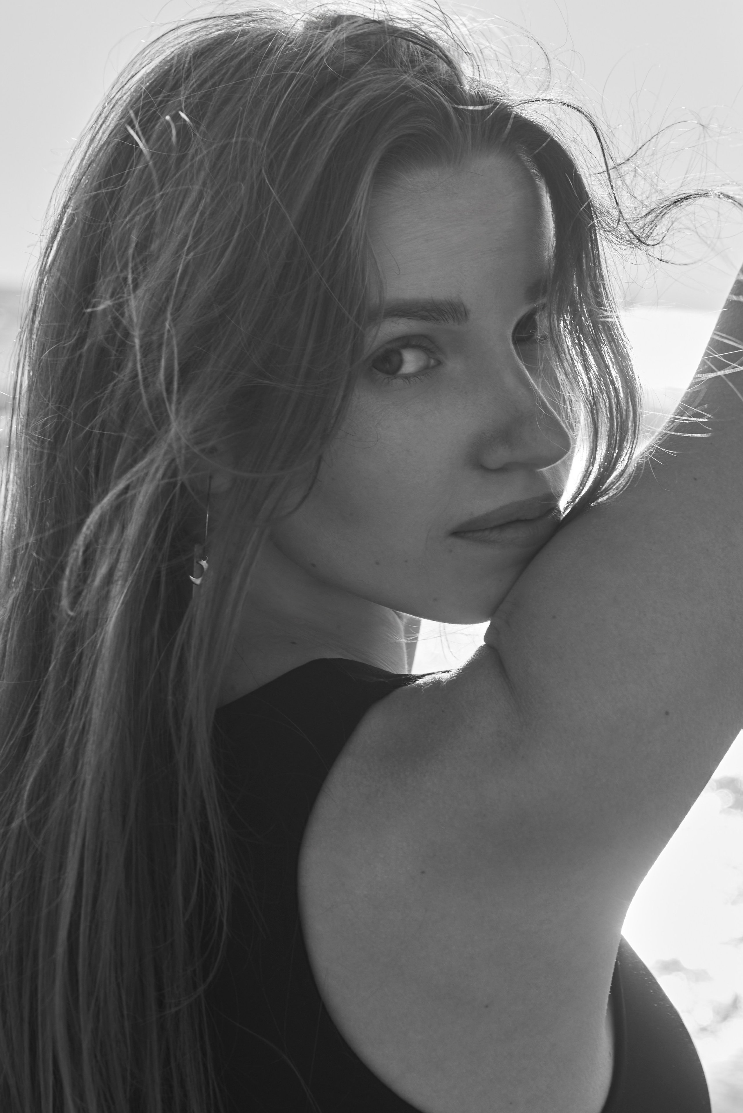 Model in a light dress on the shores of Santa Monica Beach