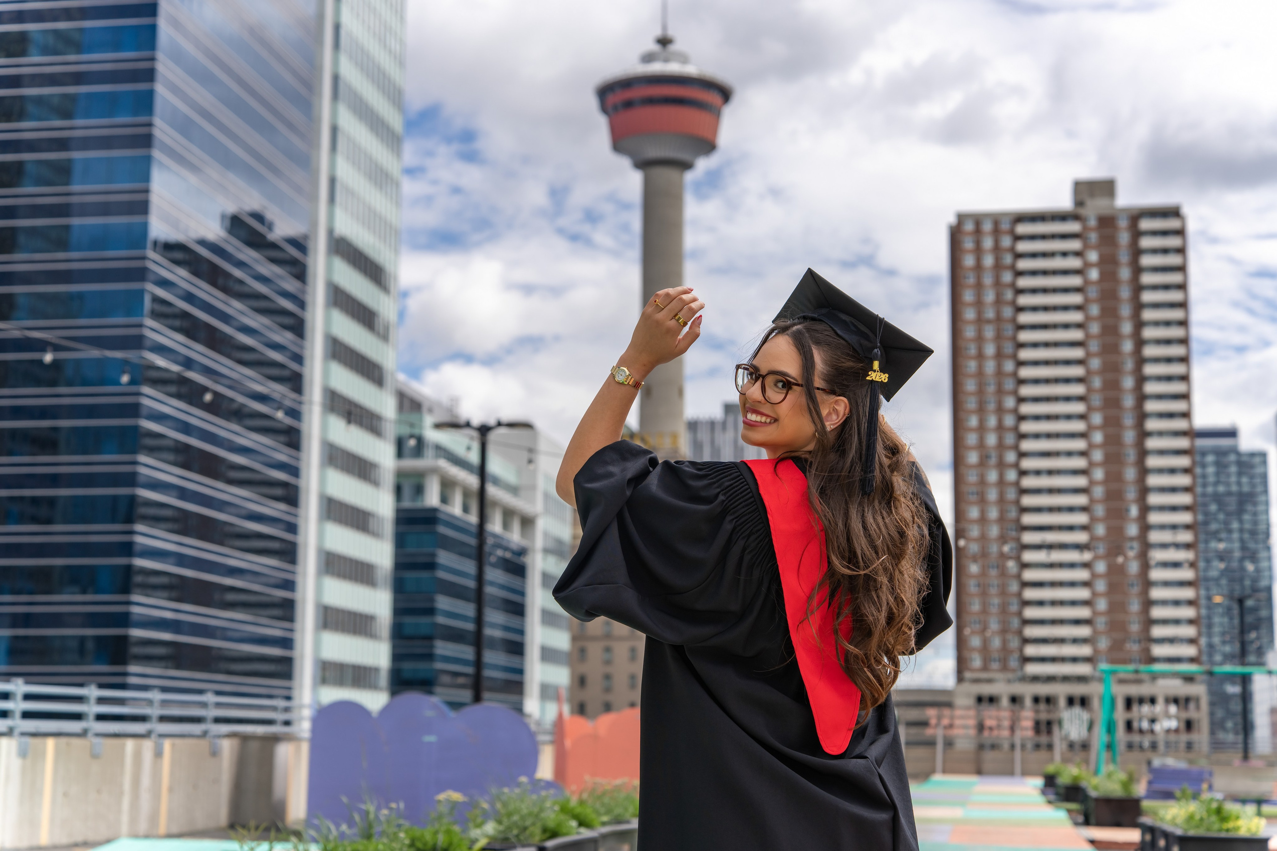 Graduation photo session in downtown Calgary with cap and gown