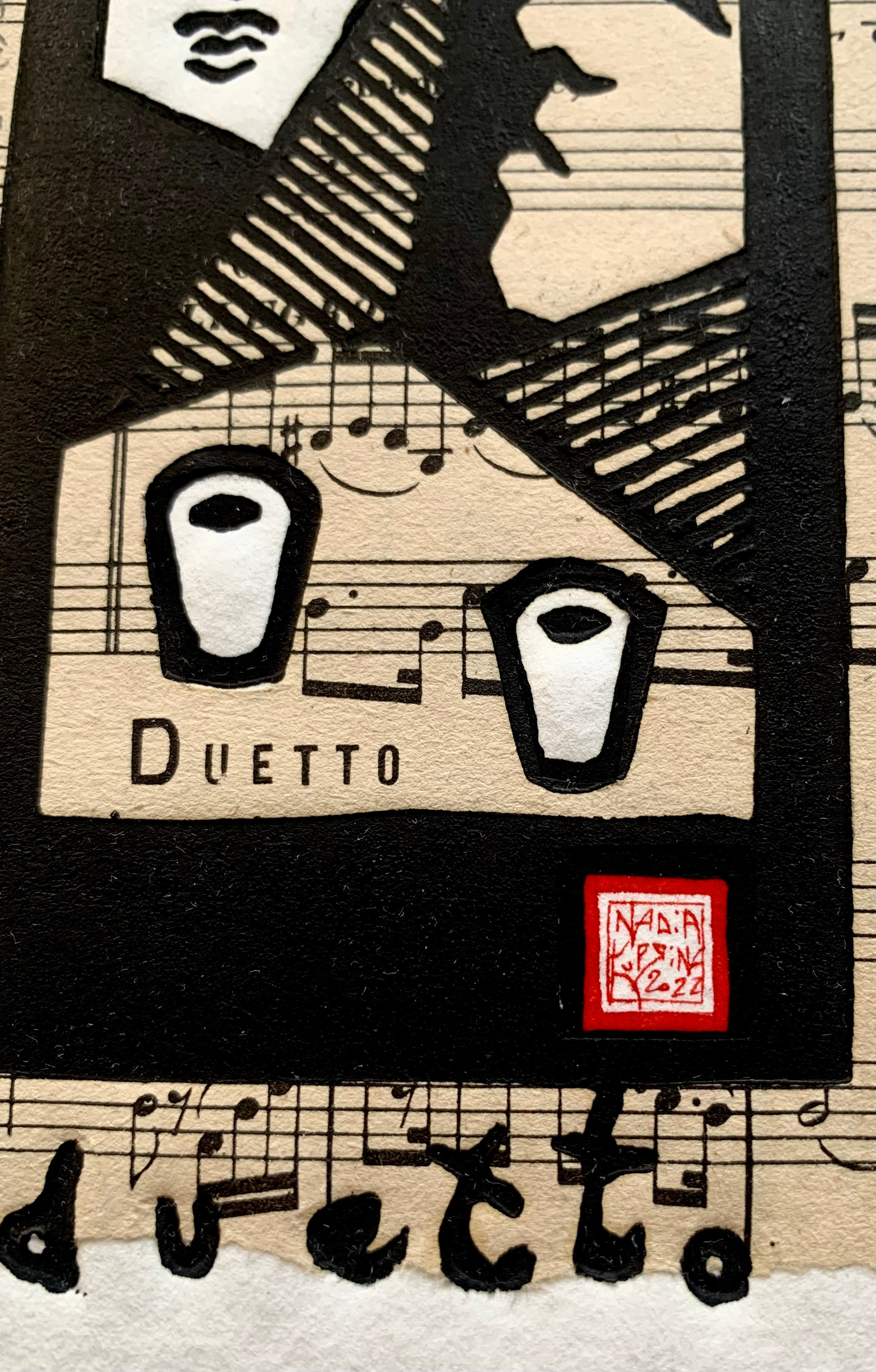Small print, linocut, linogravire, linograbado, hand print, lovestory, family story, collage, collage art, collage print, duetto, duet, couple, he and she, table, two cups, caffè, love story, dialogue, man and woman, desire, attraction, destiny