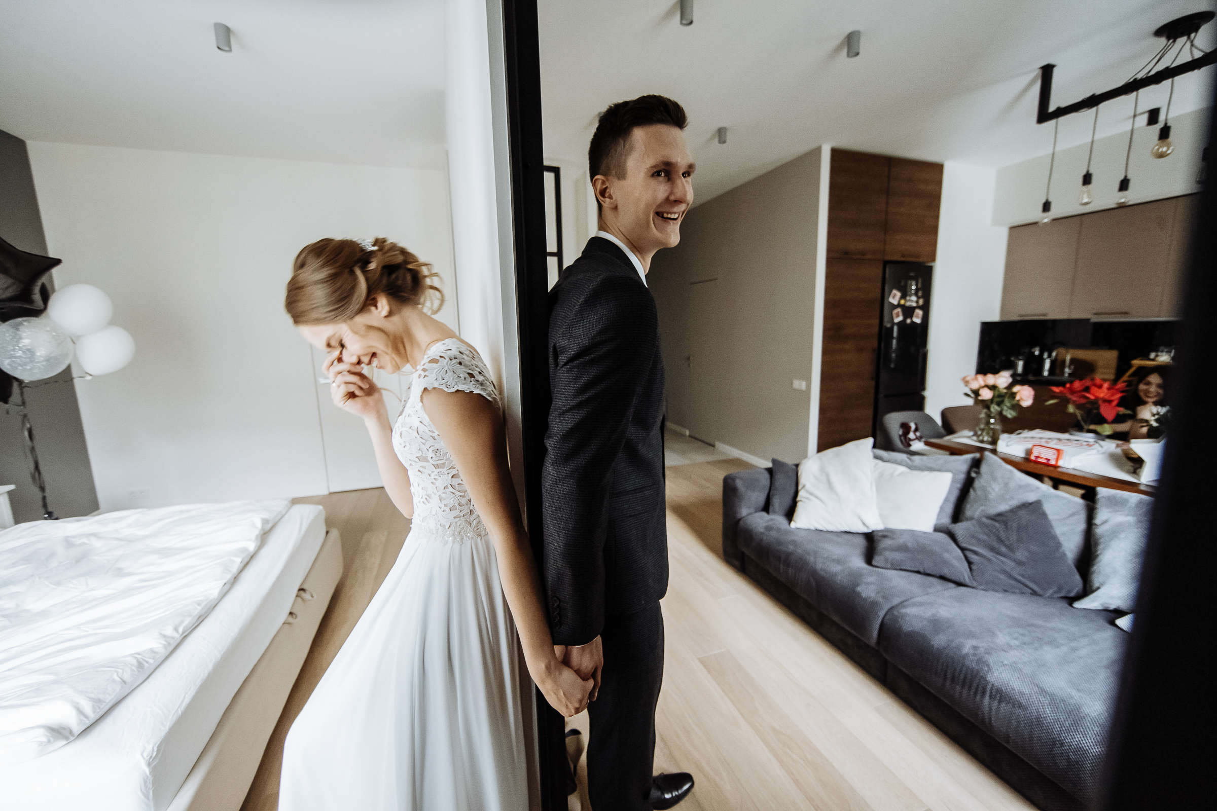 Bride and groom back to back, by Tanya Bogdan, Exeter wedding photographer.  