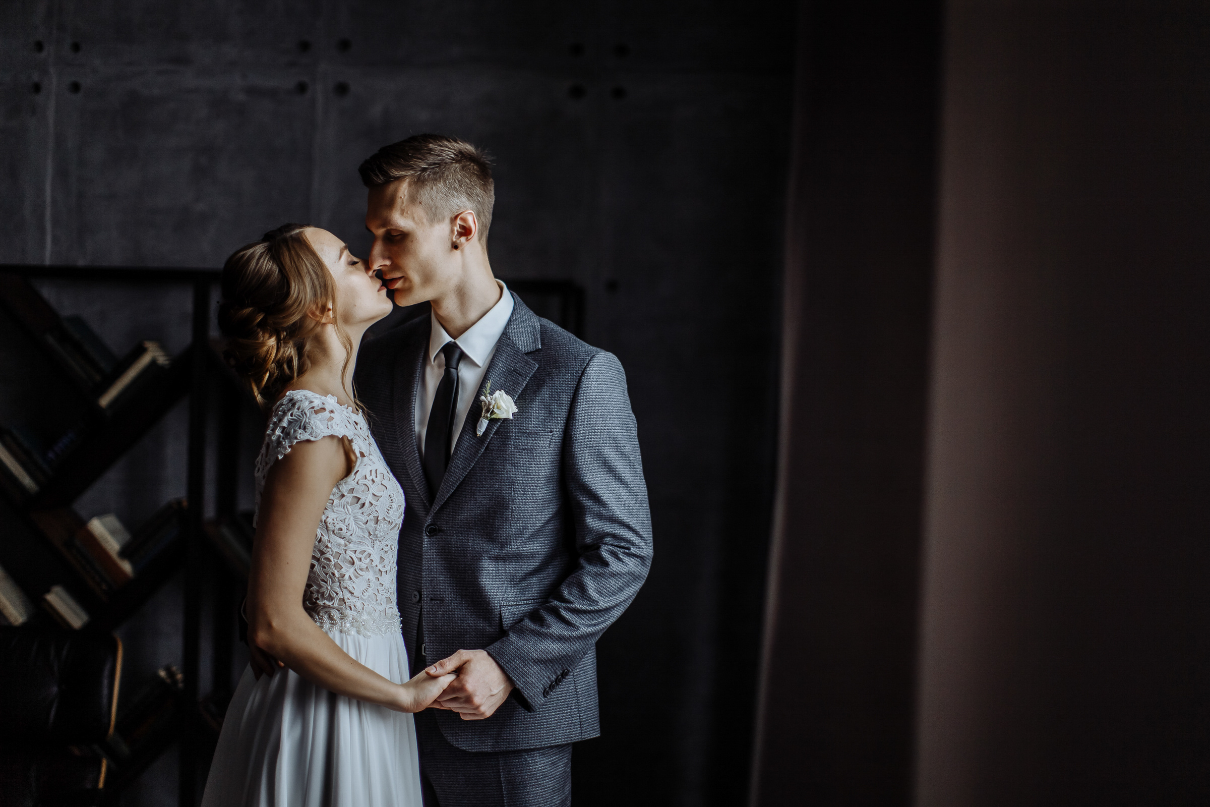 Bride and groom kiss in studio, by Tanya Bogdan, Dartmouth wedding photography.  