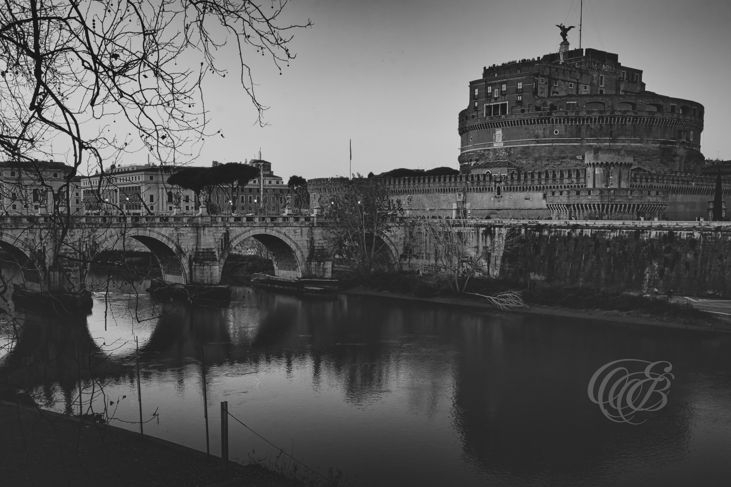 Rome Italy Photography - Castel Sant Angelo - B&W Matte - Eduardo Bartoli Fine Art Photography - Black and white matte fine art photograph of Castel Sant’Angelo in Rome, Italy – photography by Eduardo Bartoli.