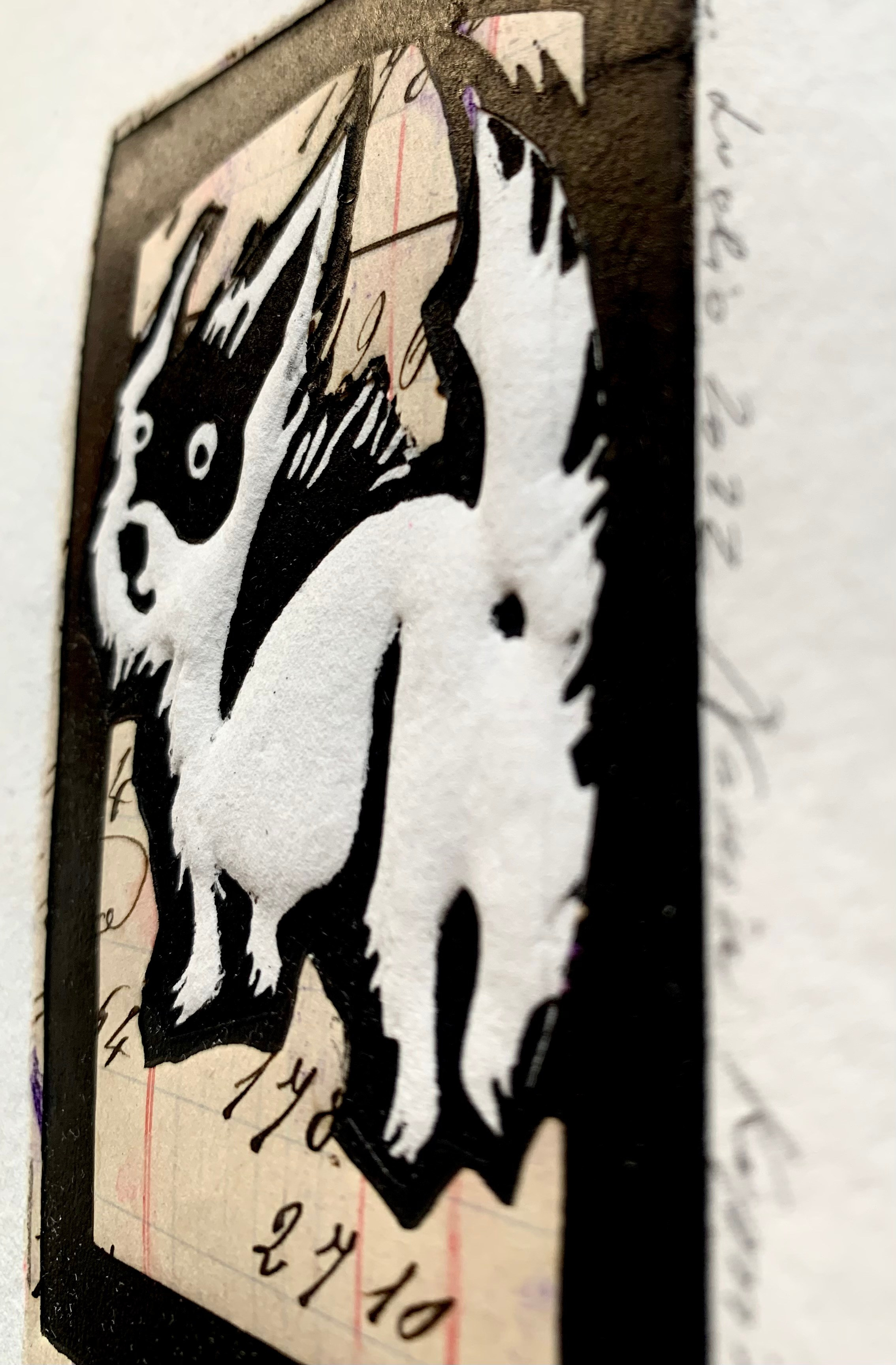 Small print, linocut, linogravire, linograbado, hand print, lovestory, family story, collage, collage art, collage print, cat and dog, funny dog, pets, animal stories, dog lover